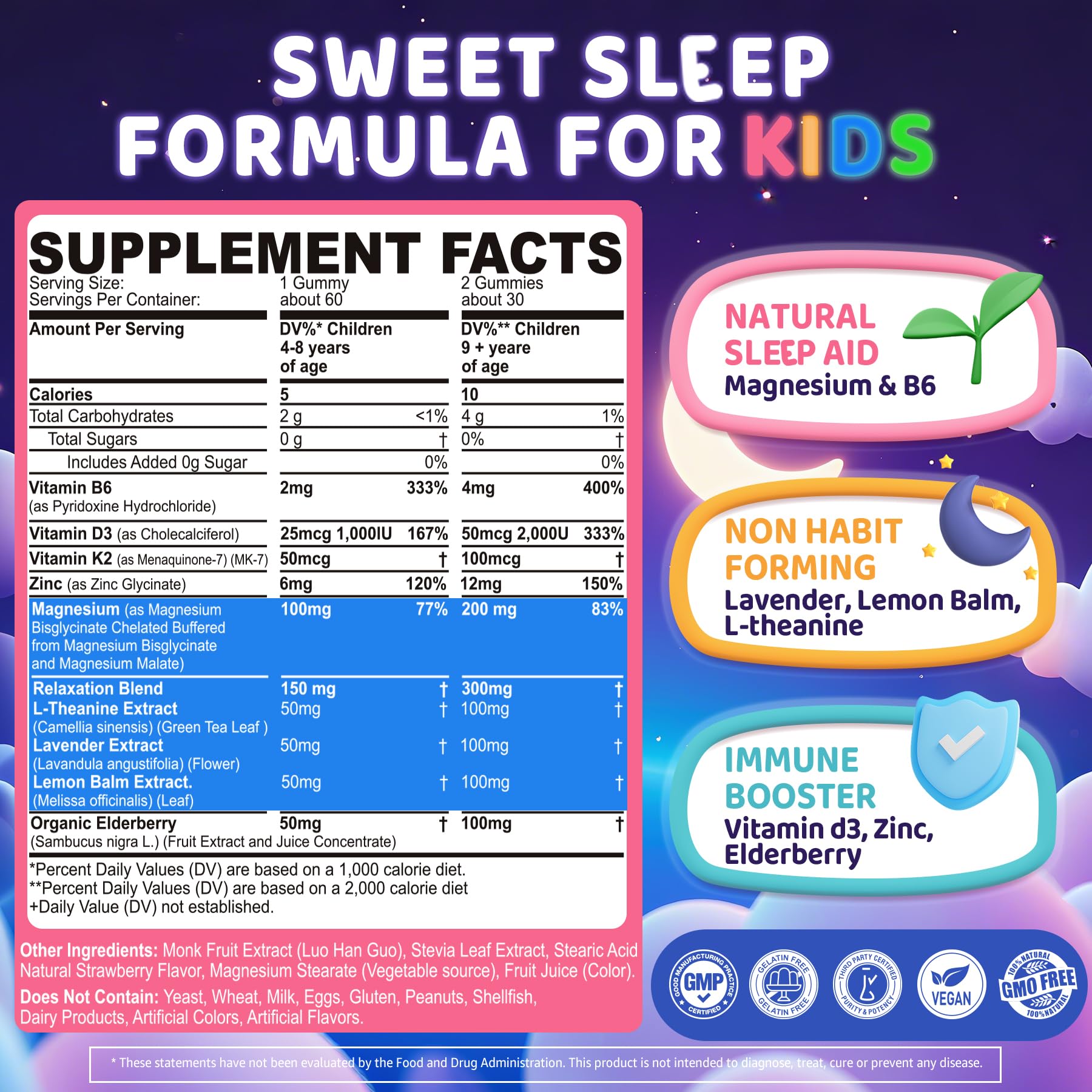 Kids Sleep Gummies - NO Melatonin Sleep Aid with Magnesium Glycinate, Magnesium Malate, L-Theanine, Lavender, B6, Zinc, D3K2 | 2-Pack