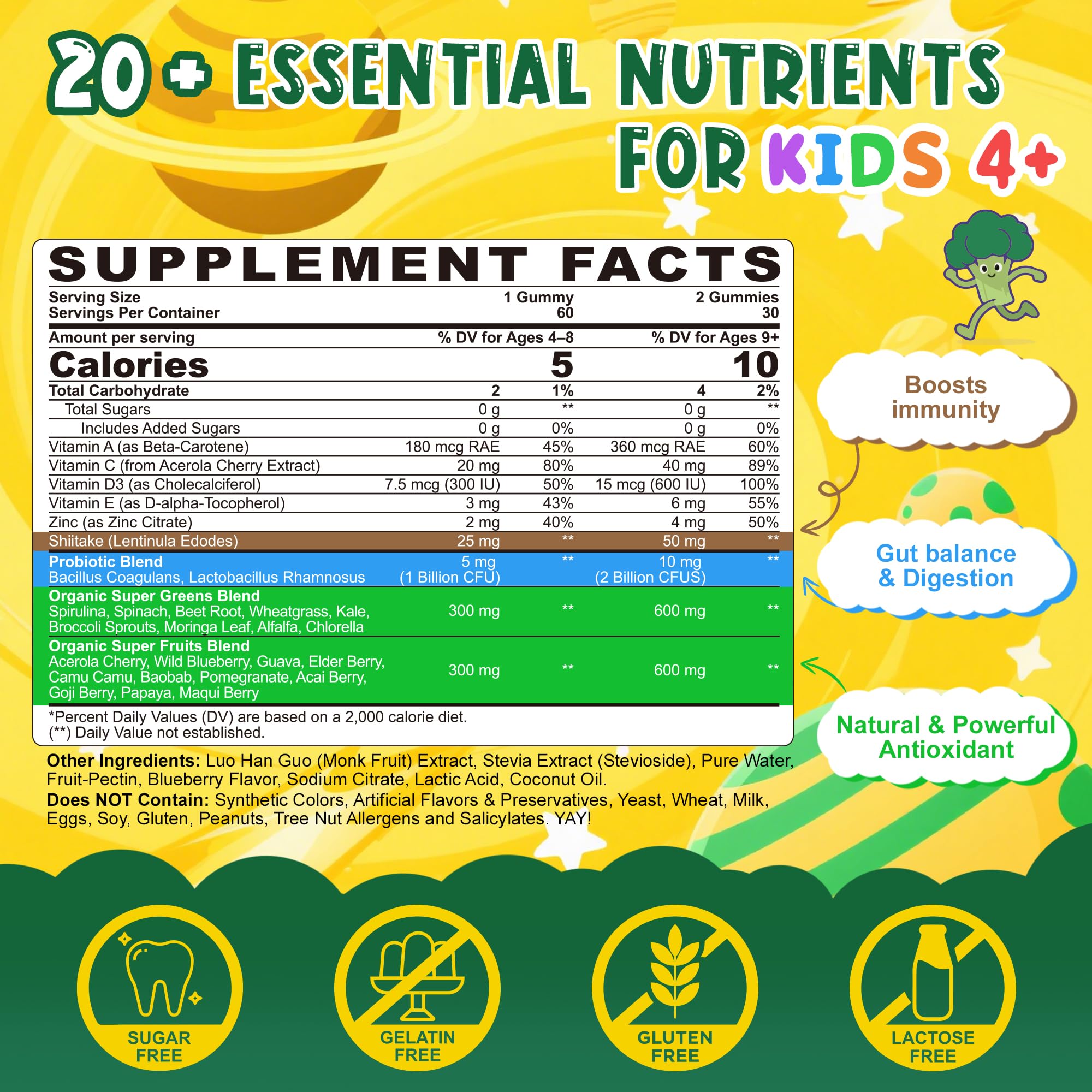 Kids Super Greens Gummies – 2 Pack, Immunity & Gut Health, 20+ Fruits & Veggies, Sugar Free