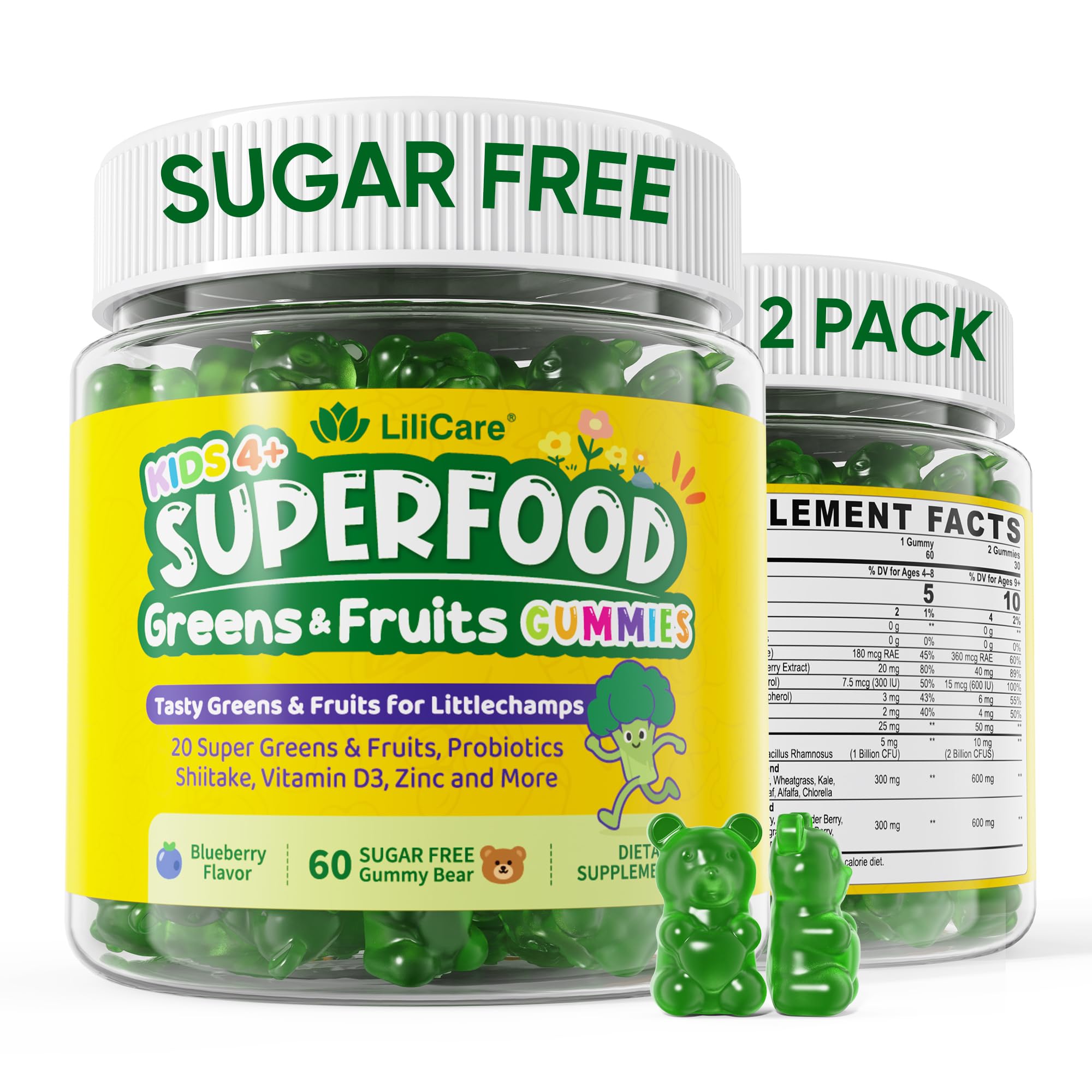 Kids Super Greens Gummies – 2 Pack, Immunity & Gut Health, 20+ Fruits & Veggies, Sugar Free