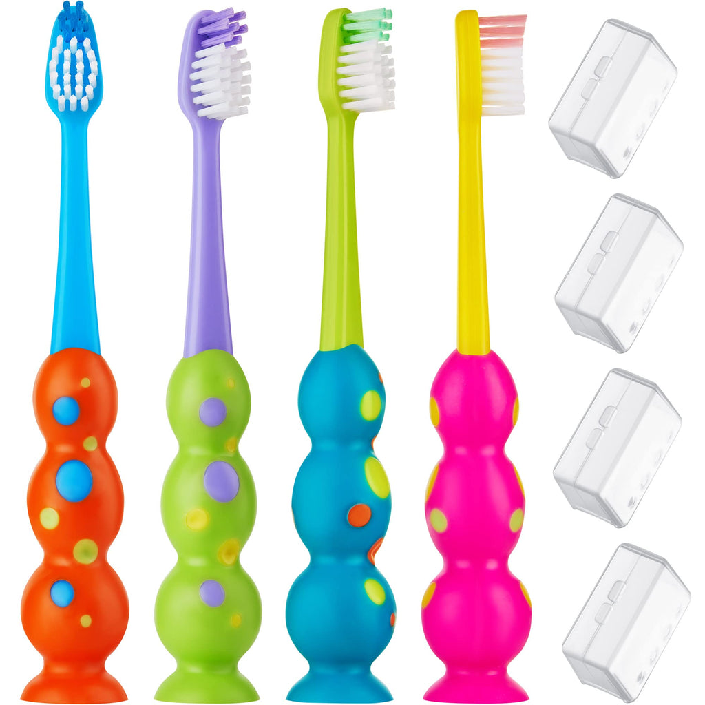 Kids Toothbrush 4 Pack - Soft Bristles with Suction Cup & Child-Sized Heads (3-10 Years)