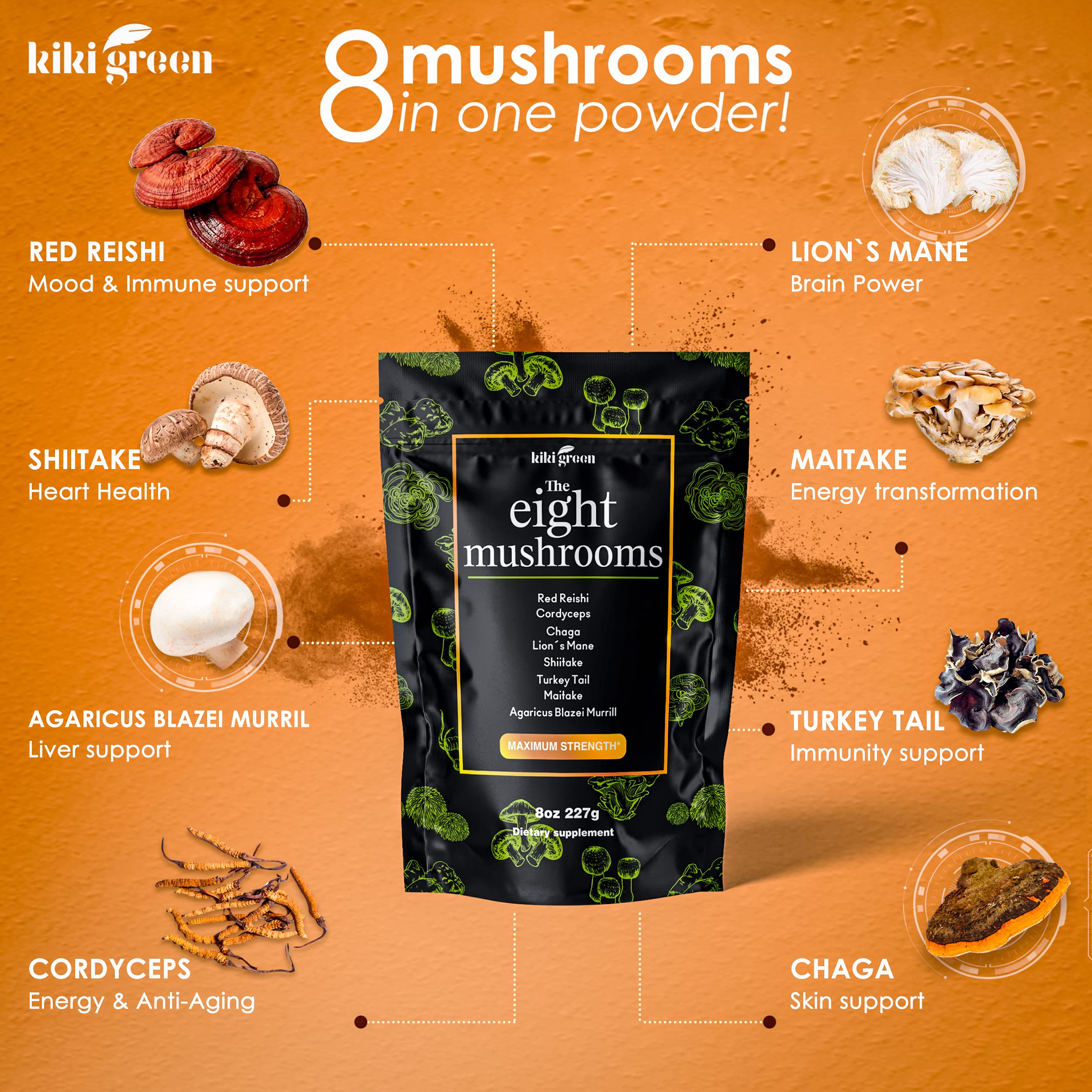 KIKI Green 8 Mushrooms Powder Extract – Focus & Energy Blend, 8 oz