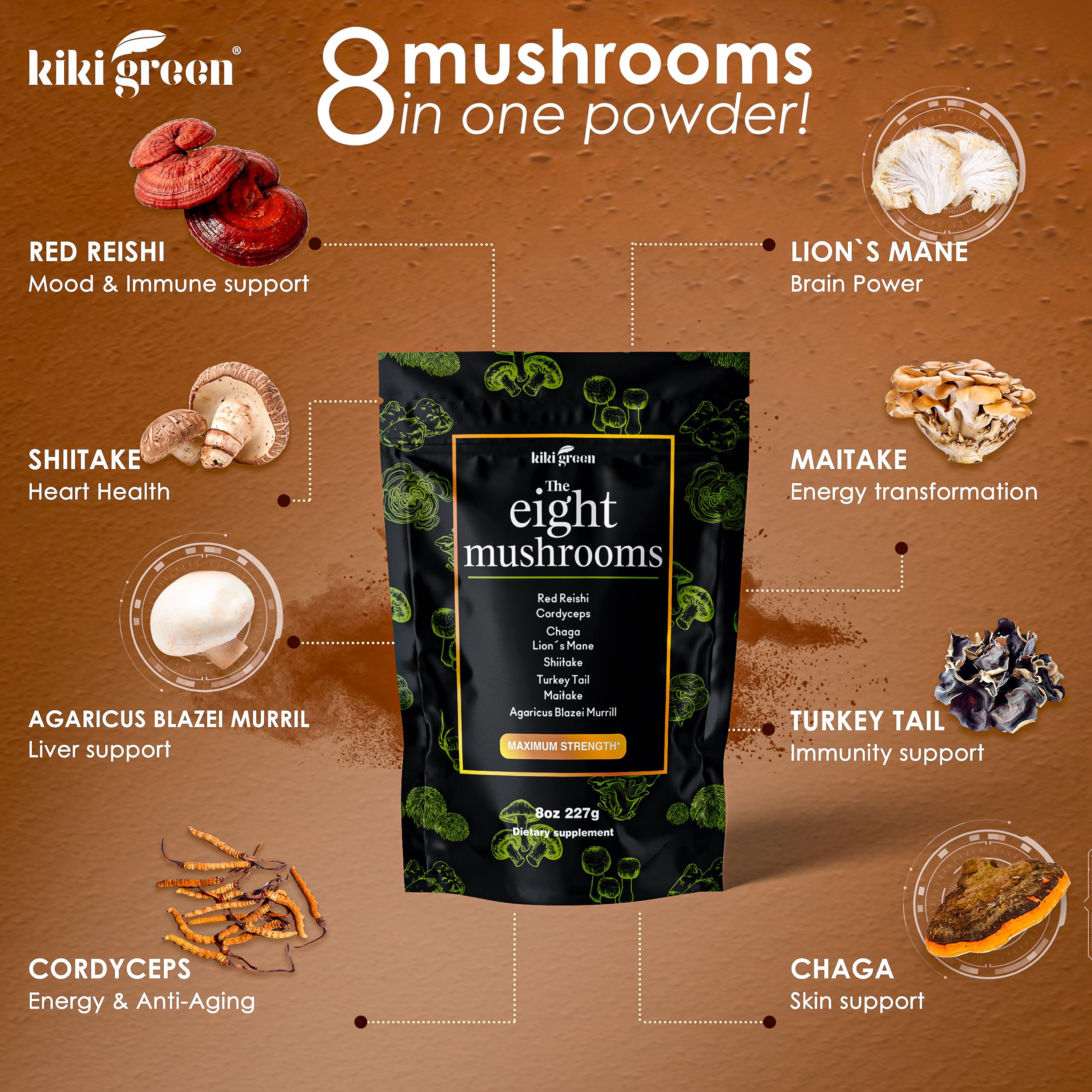 KIKI Green 8 Mushrooms Powder Extract – Focus & Energy Blend, 8 oz
