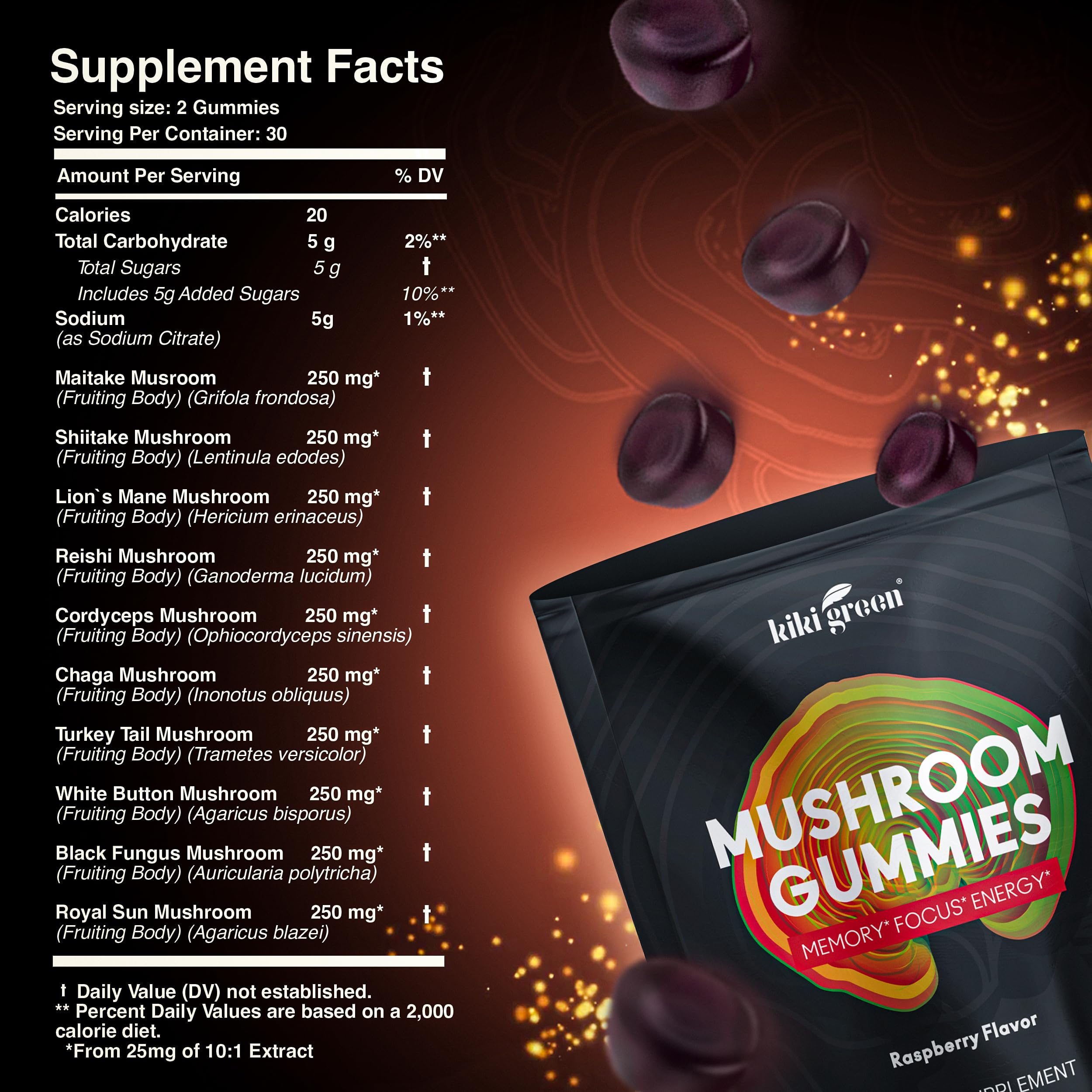 KIKI Green Mushroom Gummies with Lion's Mane & 9 Adaptogens Blend – 60 Count, 10:1 Extract