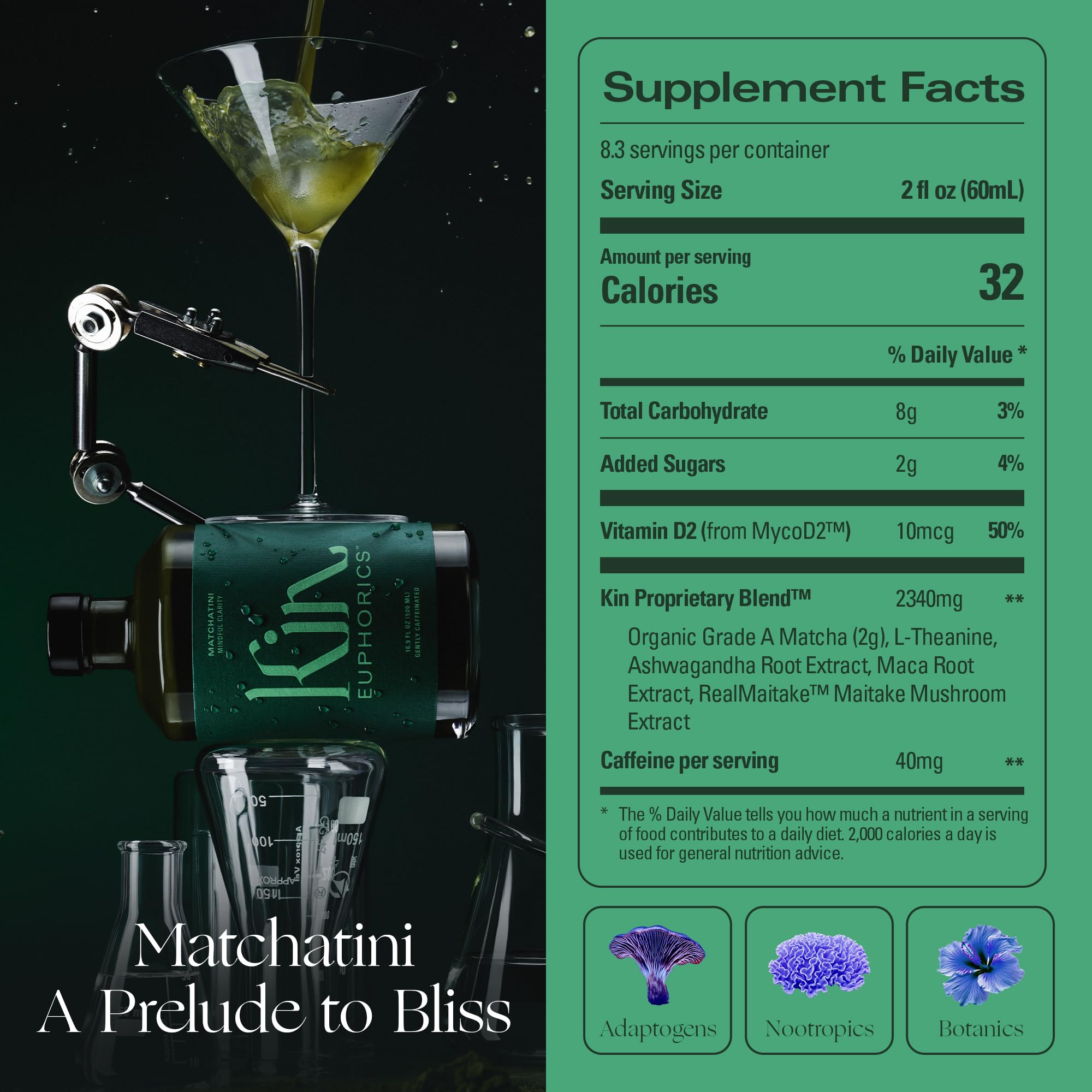 Kin Euphorics Matchatini | Non-Alcoholic Matcha Cocktail with Adaptogens, Nootropics, Botanicals | Vanilla, Maple & Tart Finish | 16.9 fl oz