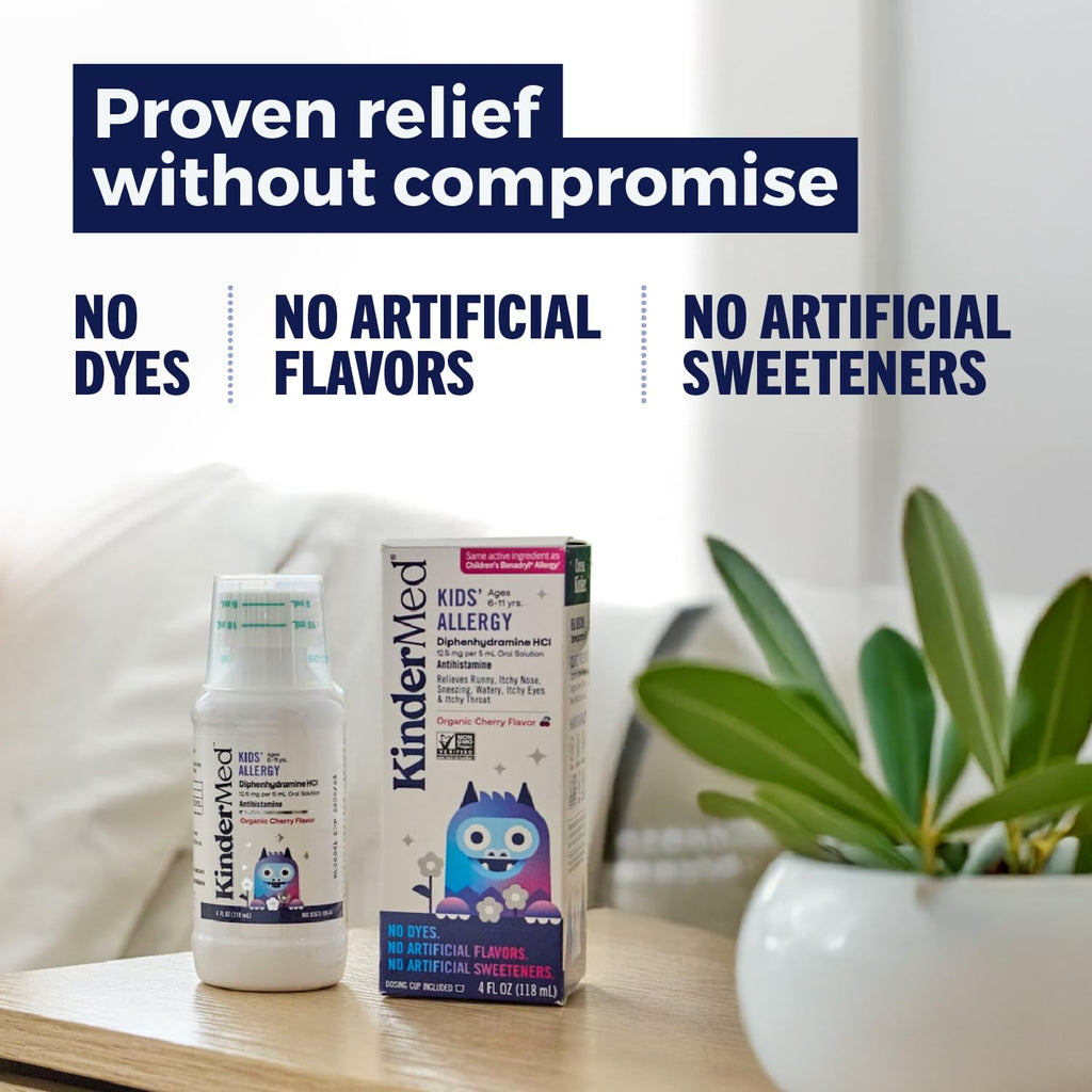 KinderMed Kids' Allergy Medicine with Diphenhydramine HCl – Organic Cherry Flavor, 4 oz (Ages 6-11)