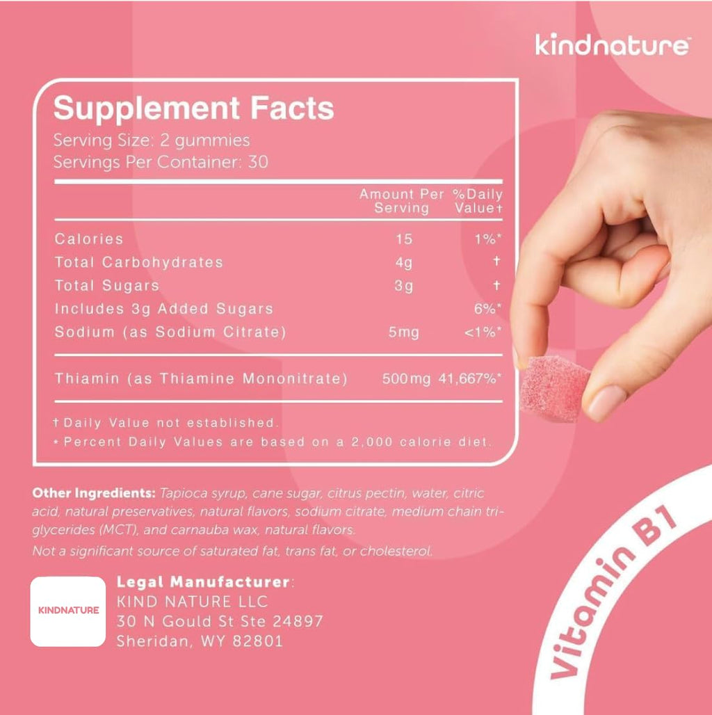 kindnature Vitamin B1 Gummies 500mg – High Potency Thiamine Supplement for Energy, Focus & Nervous System – Vegan, Non-GMO Chewable B1 Vitamins for Adults & Kids – Natural Strawberry Flavor – 60 Ct