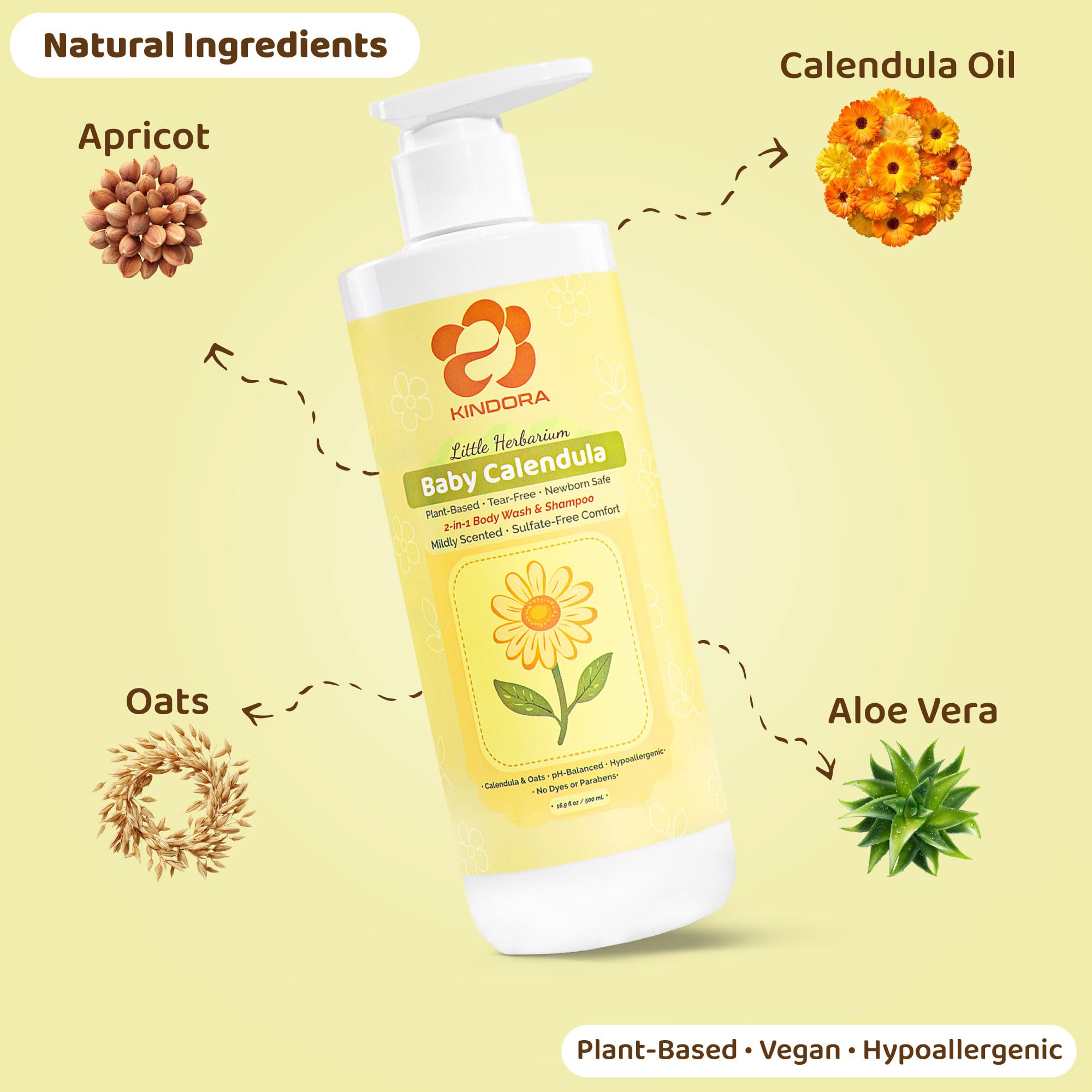 KINDORA 2-in-1 Calendula & Oat Baby Shampoo & Body Wash | Tear-Free, Hypoallergenic