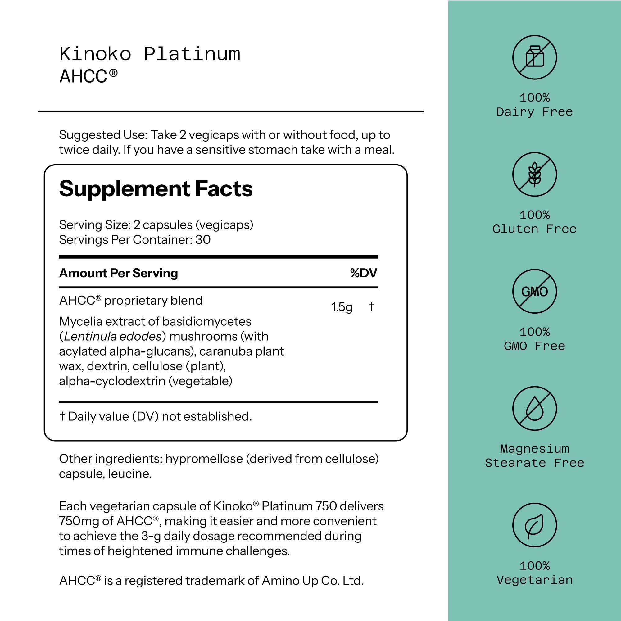 Quality of Life Kinoko Platinum AHCC 750mg – Immune Support & NK Cell Activity | 60 Veggie Capsules