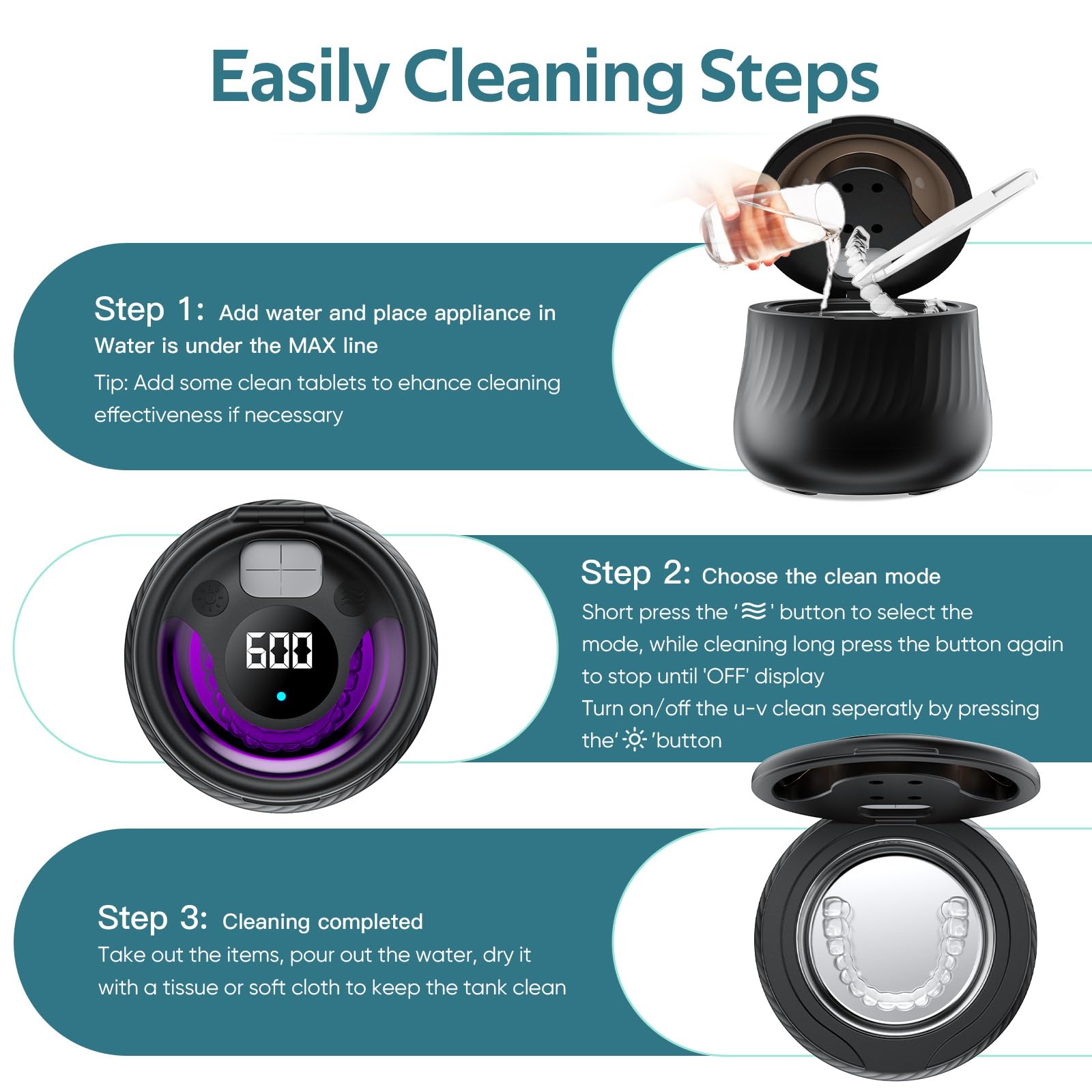 KINTLE Ultrasonic Retainer Cleaner 45kHz – 200ml, 4 Modes, UV Sterilization