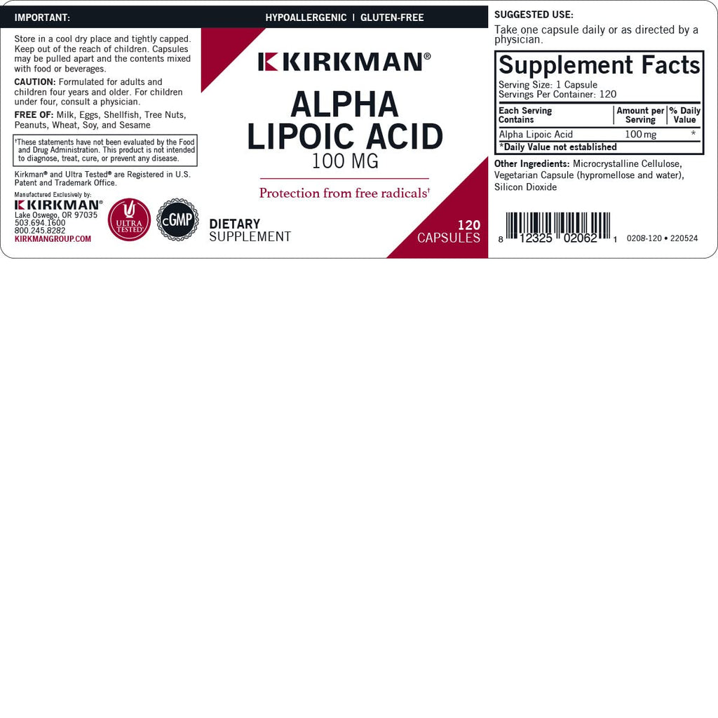 Kirkman Alpha Lipoic Acid 100 mg - Hypoallergenic | 120 Vegetarian Capsules