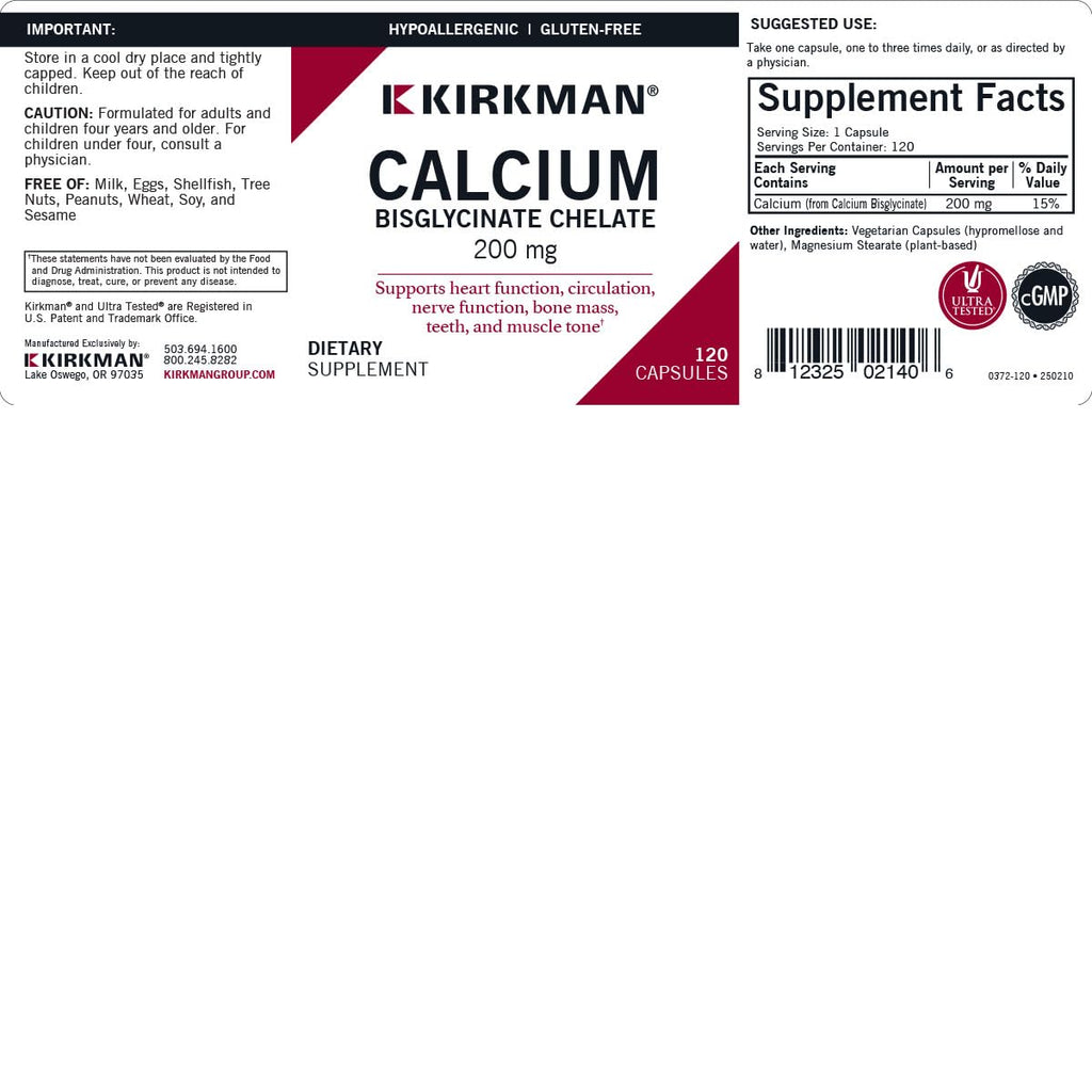 Kirkman Calcium Bisglycinate Chelate 200mg – 120 Capsules – Hypoallergenic – No Vitamin D3