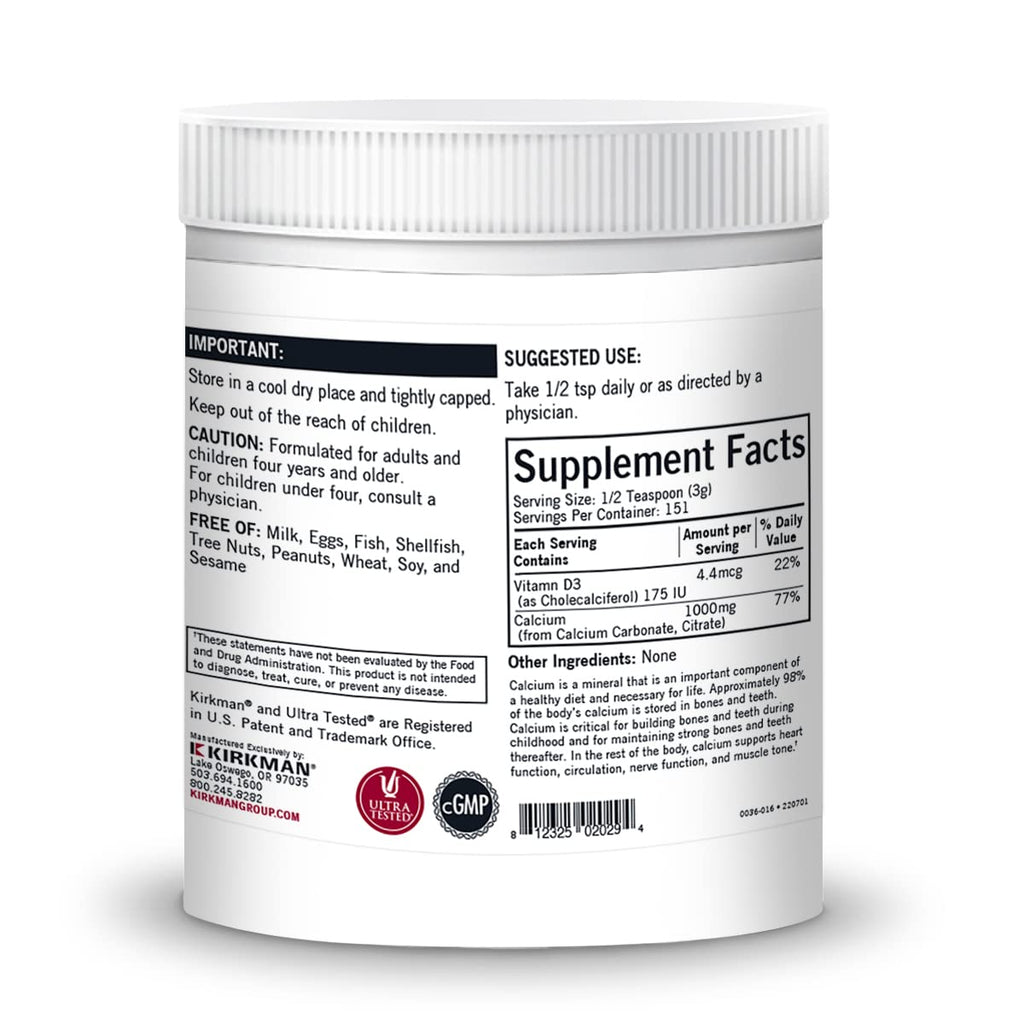 Kirkman Calcium with Vitamin D3 Powder – Unflavored, Hypoallergenic, Gluten & Casein Free | 454 g (16 oz)