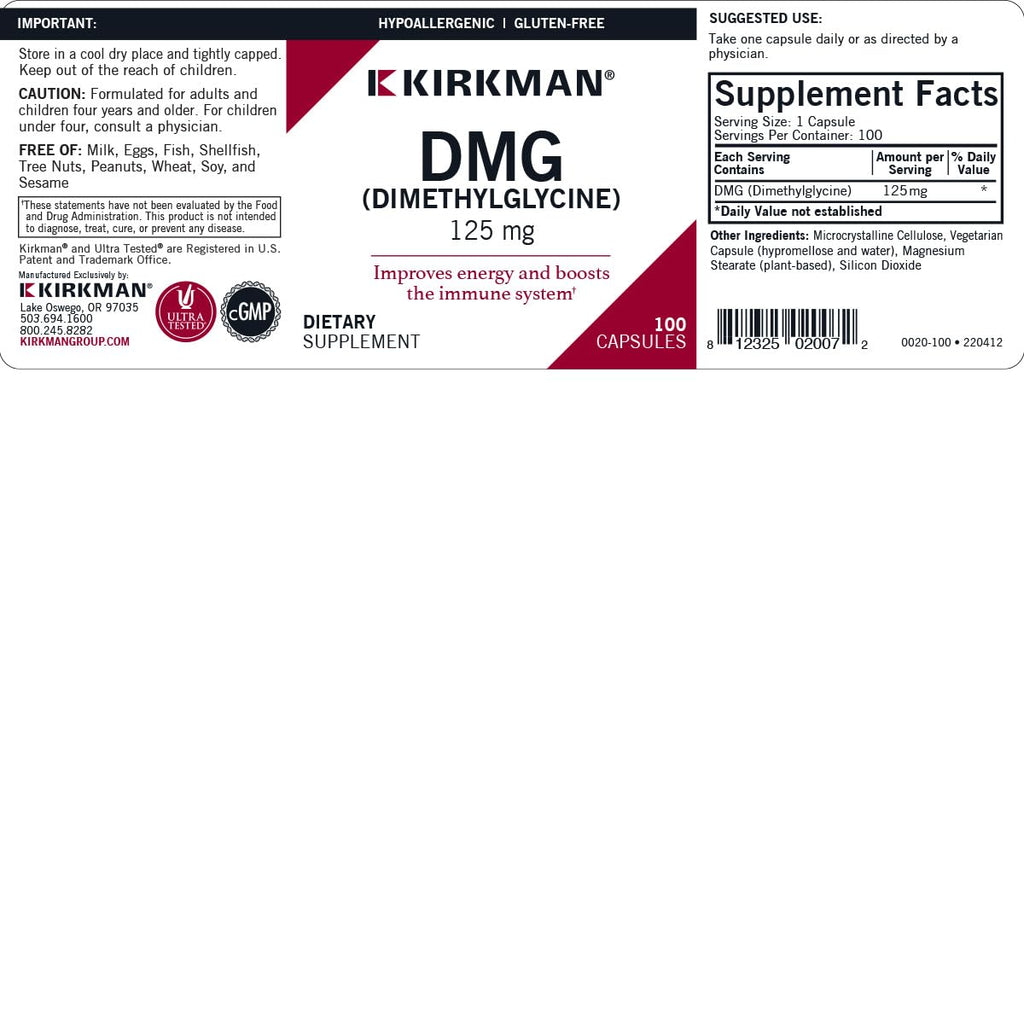 DMG (Dimethylglycine), 125 mg, 100 Capsules, Kirkman Labs