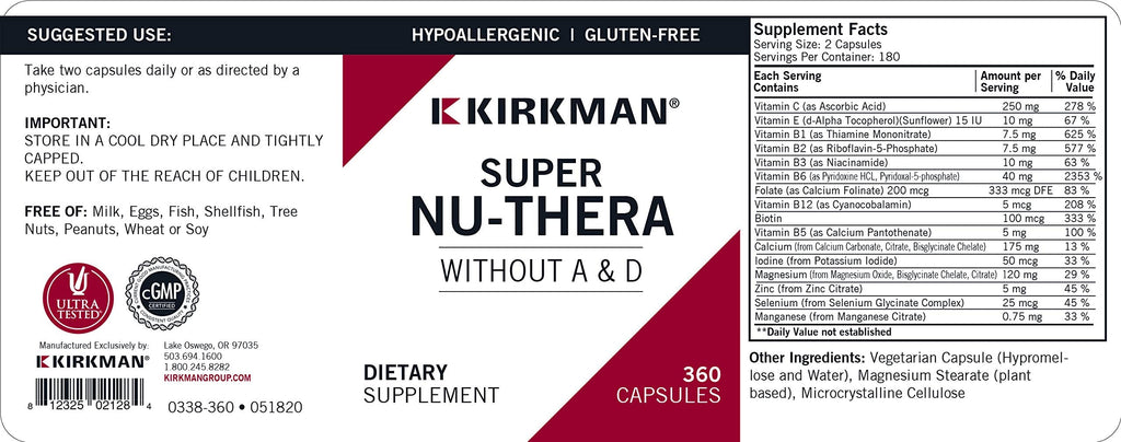 Kirkman Super Nu-Thera w/o Vitamins A and D – Hypoallergenic | 360 Vegetarian Capsules | Gluten & Casein Free Multi Vitamin