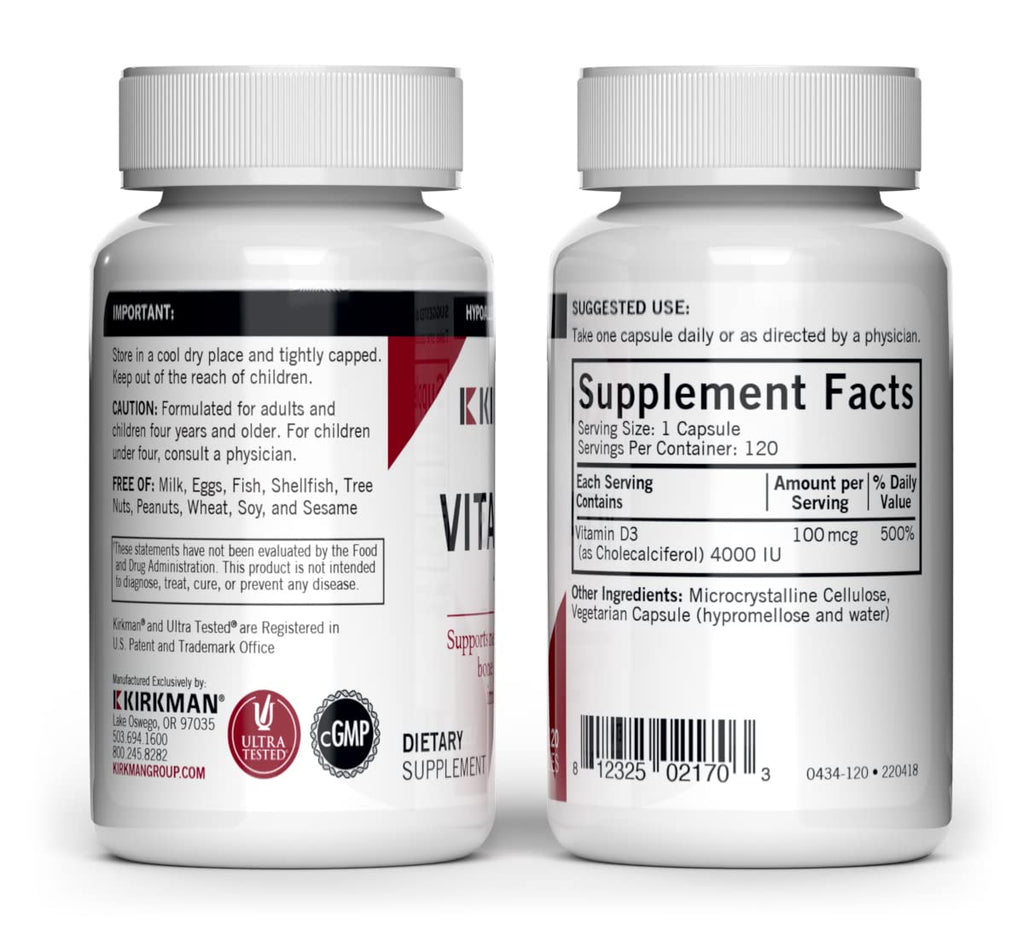 Kirkman Vitamin D3 4000 IU – 120 Capsules | Immune Support & Bone Health