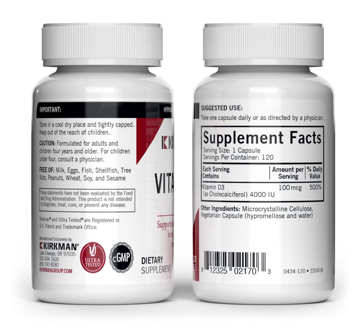 Kirkman Vitamin D3 4000 IU – 120 Capsules | Immune Support & Bone Health