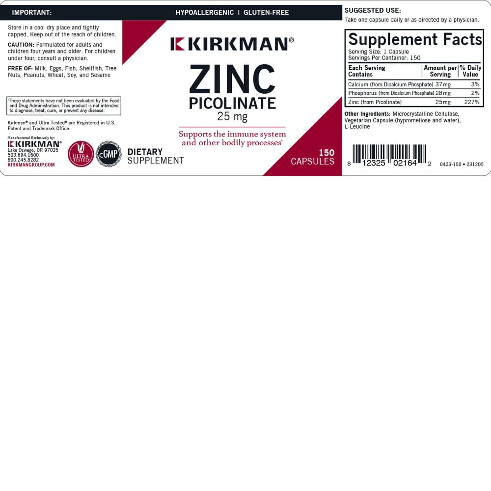 Kirkman Zinc Picolinate 25 mg – Hypoallergenic, Gluten Free, 150 Veg Capsules