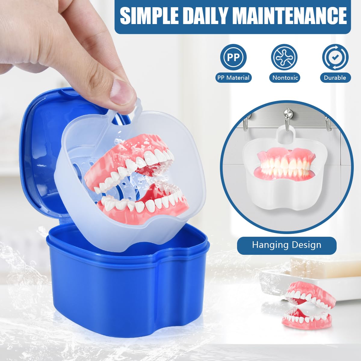 KISEER 2 Pack Denture Bath Case – Travel Box with Brush & Strainer (Blue & Pink)