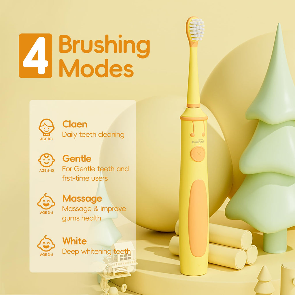 KIWIBIRD Kids Electric Toothbrush 3-10 | Soft Silicone Bristles, 4 Modes