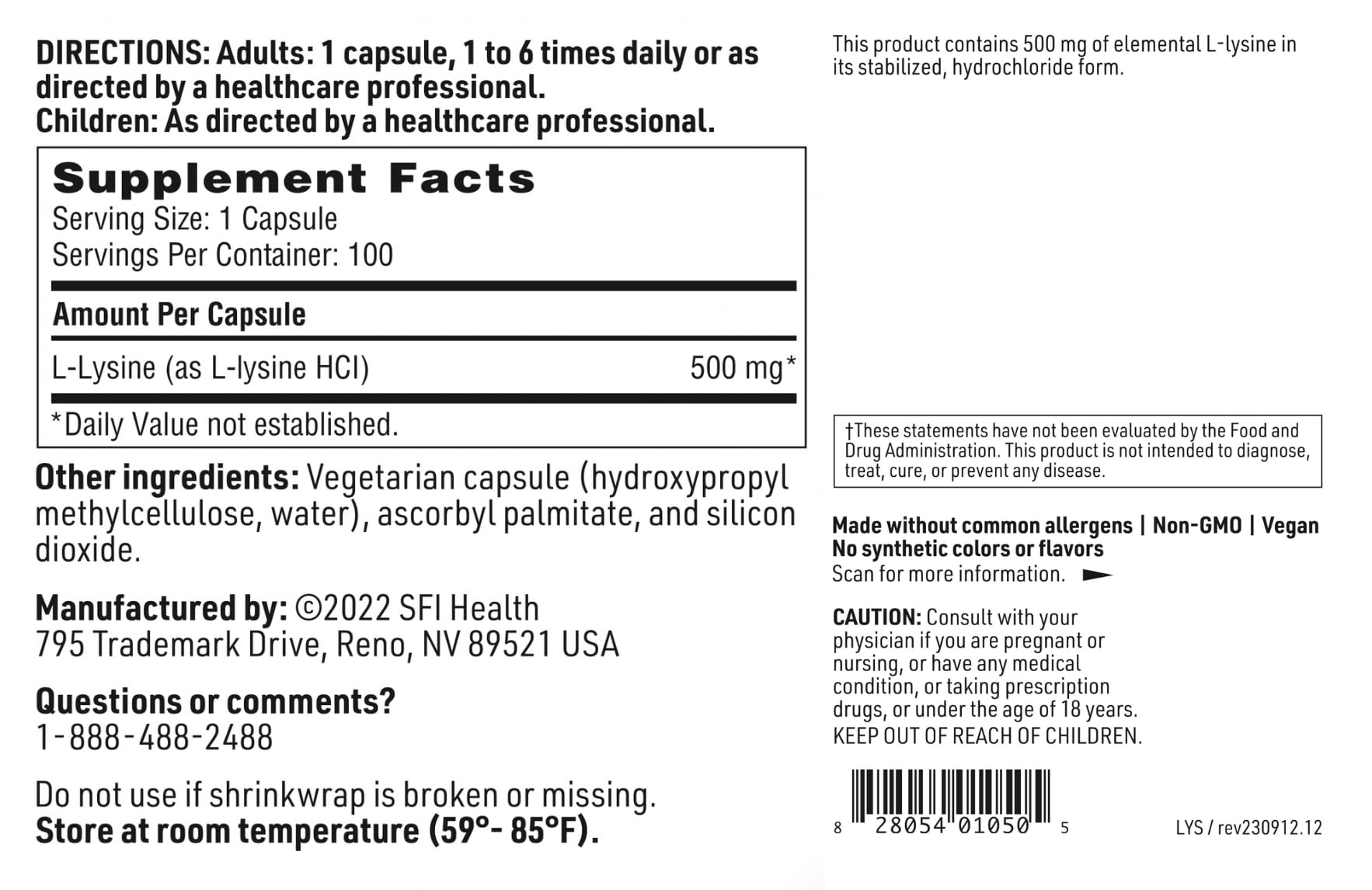 Klaire Labs SFI Health L-Lysine 500 mg – Immune Support & Collagen Formation (100 Capsules)