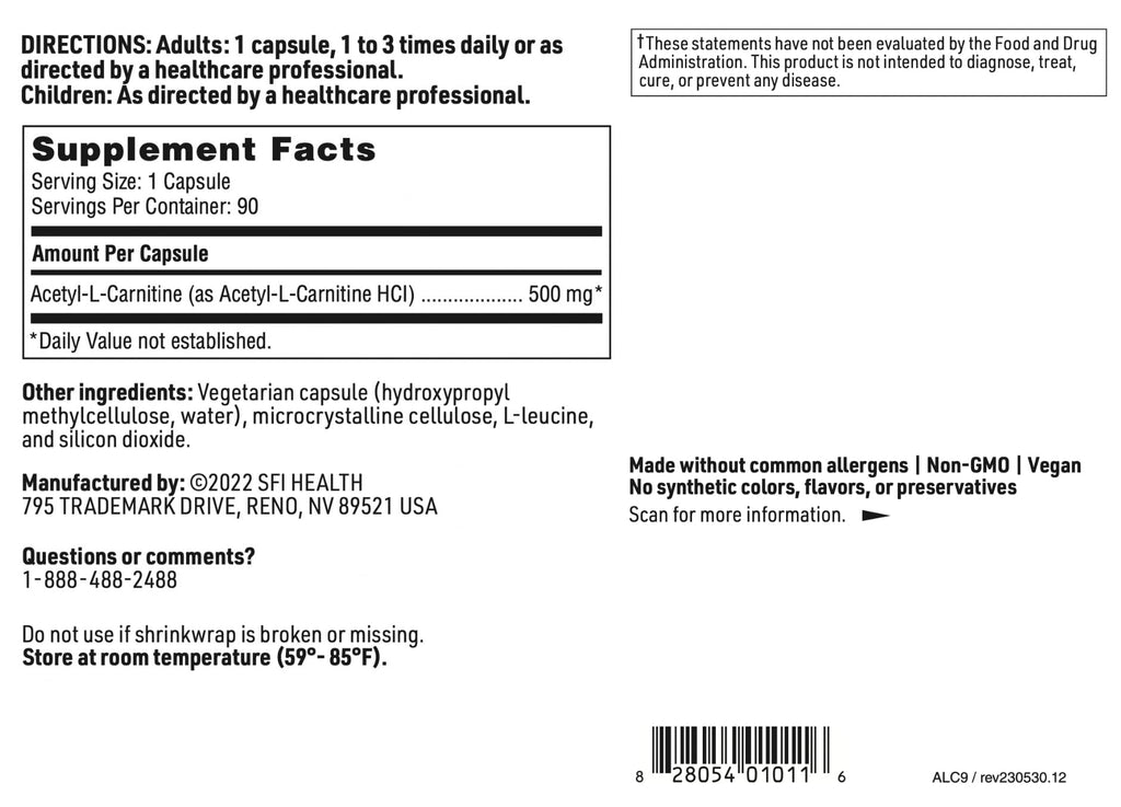 Klaire Labs SFI Health Acetyl-L-Carnitine 500 mg – Hypoallergenic Brain & Energy Support (90 Capsules)