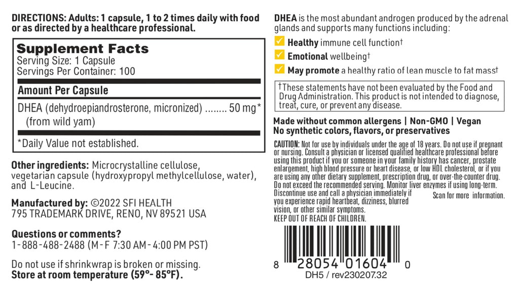Klaire Labs DHEA 50mg – Micronized, Wild Yam-Derived, Soy-Free (100 capsules)