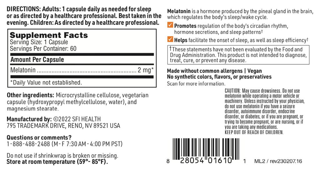 Klaire Labs SFI Health Melatonin-SR 2 mg Capsules (60) | Sustained Time-Release Sleep Support