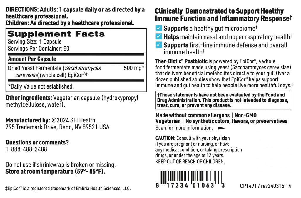 Klaire Labs SFI Health EpiCor Immune Support - 90 Veg Capsules - Soy & Gluten Free