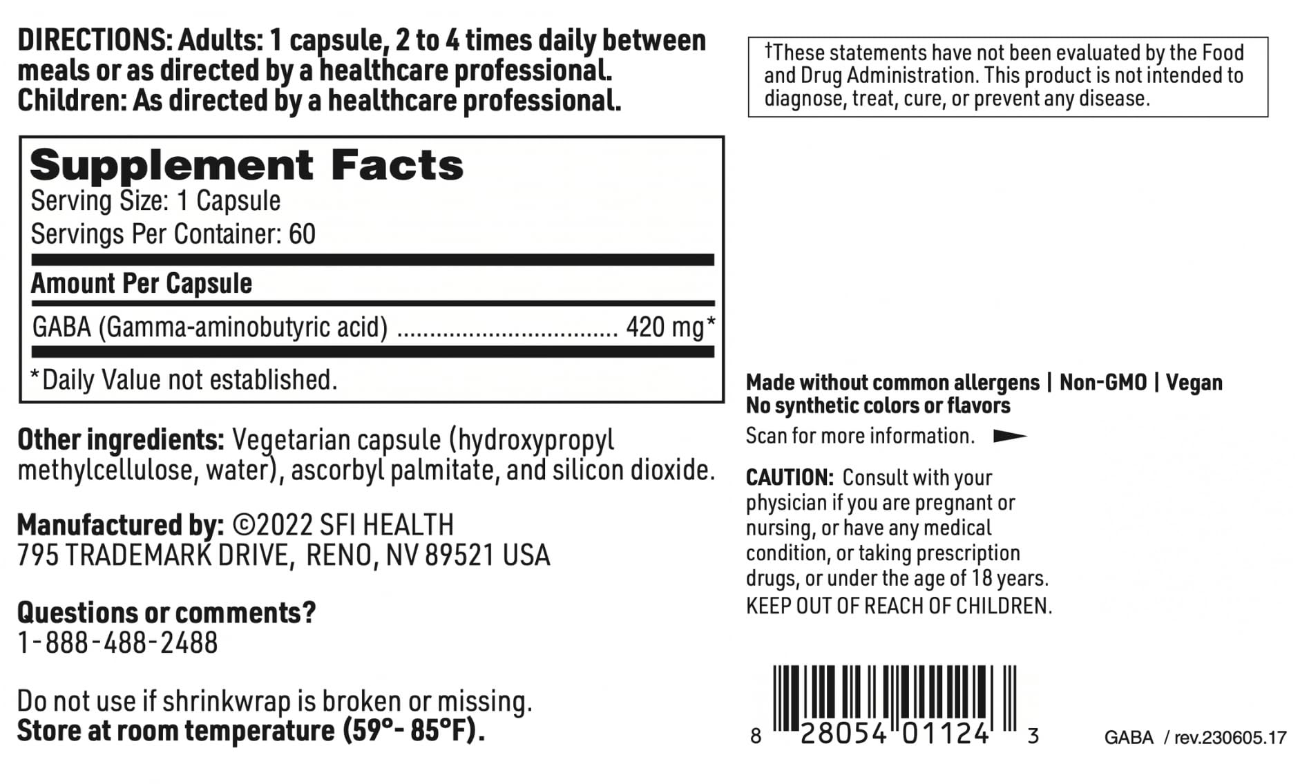 Klaire Labs SFI Health GABA - 420 Milligrams Gamma-Aminobutyric Acid, Neurotransmitter to Support Calm & Mood (60 Capsules)