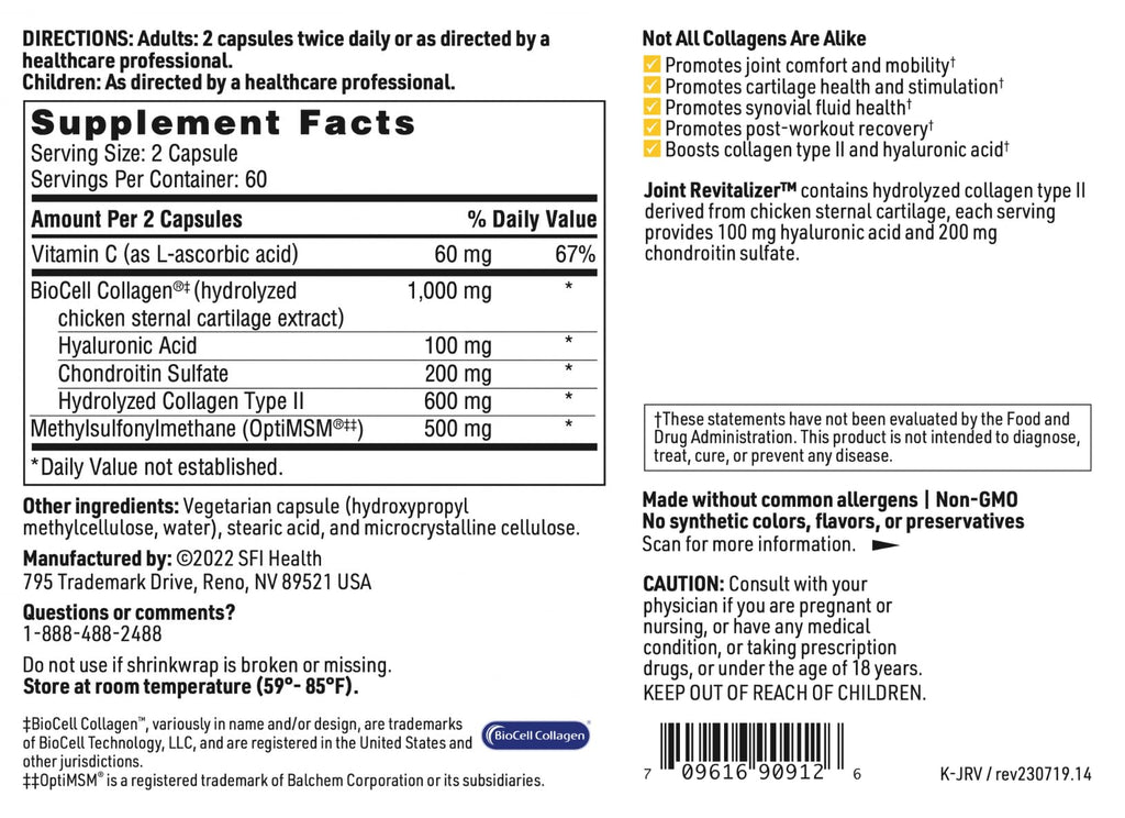 Klaire Labs SFI Health Joint Revitalizer – Hydrolyzed Collagen Peptide Formula with Chondroitin, MSM & Hyaluronic Acid (120 Capsules)