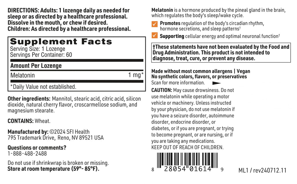 Klaire Labs SFI Health Melatonin Lozenge 1 mg – Fast-Dissolving, Cherry Flavor, 60 Tablets