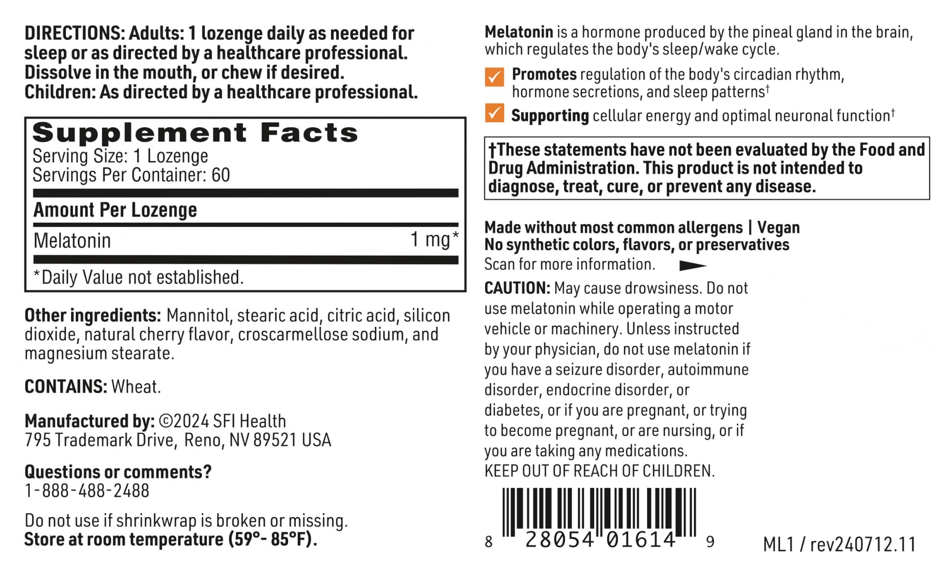 Klaire Labs SFI Health Melatonin Lozenge 1 mg – Fast-Dissolving, Cherry Flavor, 60 Tablets