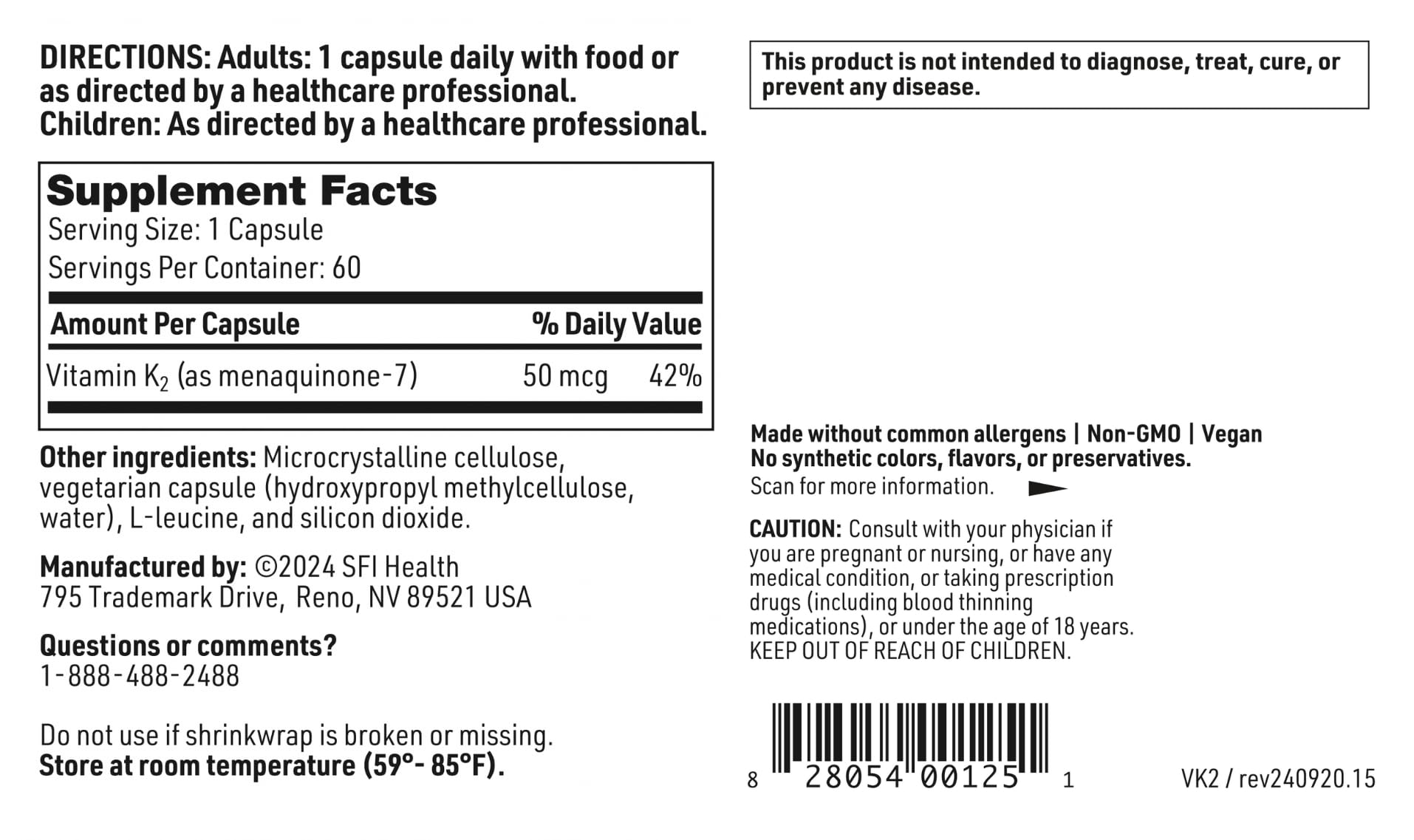 Klaire Labs SFI Health Vitamin K2 MK-7 50 mcg - No Soy, Gluten or Dairy (60 Capsules)