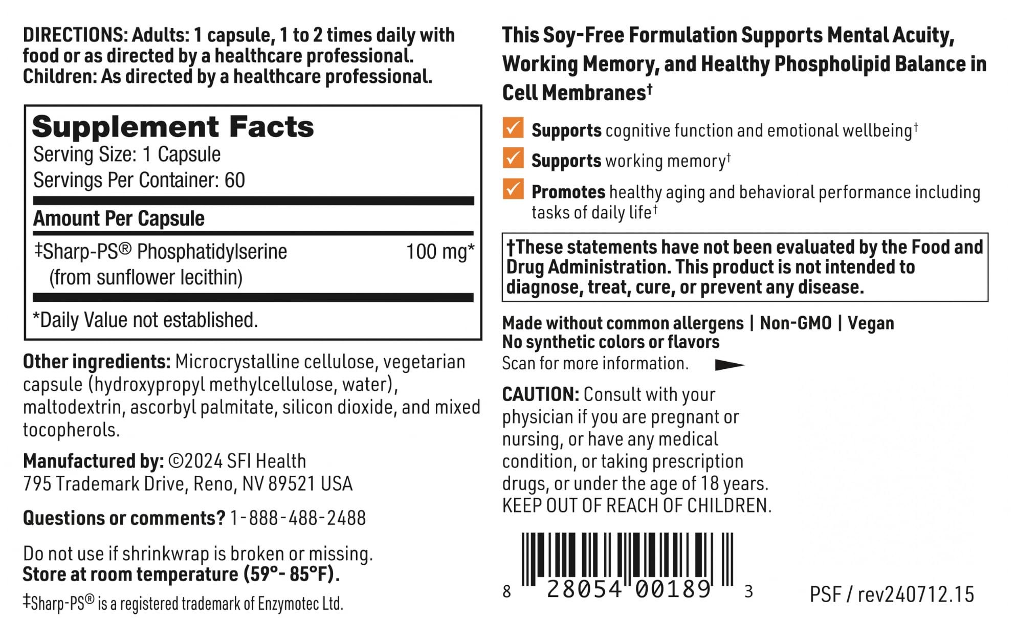 Klaire Labs SFI Health Phosphatidyl Serine SF – Soy Free from Sunflower Lecithin, 60 Capsules