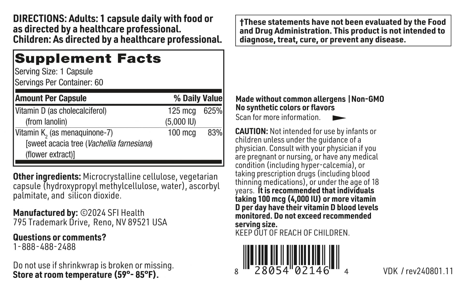 Klaire Labs SFI Health Vitamin D Plus K - Bioavailable Vitamin K2 D3 Supplement for Bone & Immune Support - Each Capsule Delivers D3 5000 iu & K2 100 Mcg (60 Capsules)