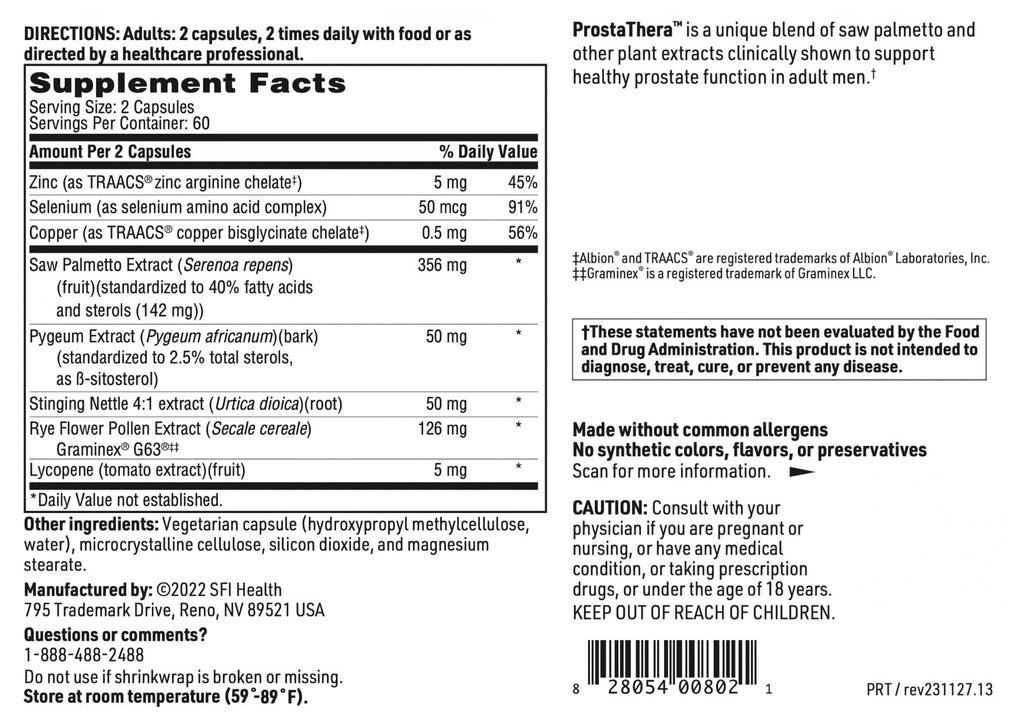 Klaire Labs SFI Health ProstaThera – Prostate & Urinary Support for Men | Gluten-Free (60 Tablets)