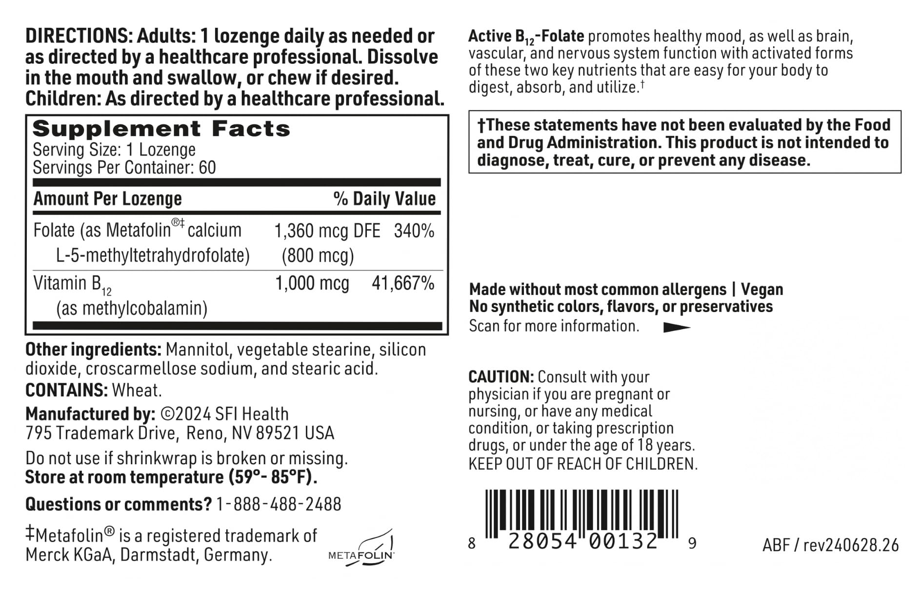 Klaire Labs SFI Health Active B12 + Folate Lozenge (60 Count) – Dissolvable Methylcobalamin & Methylfolate