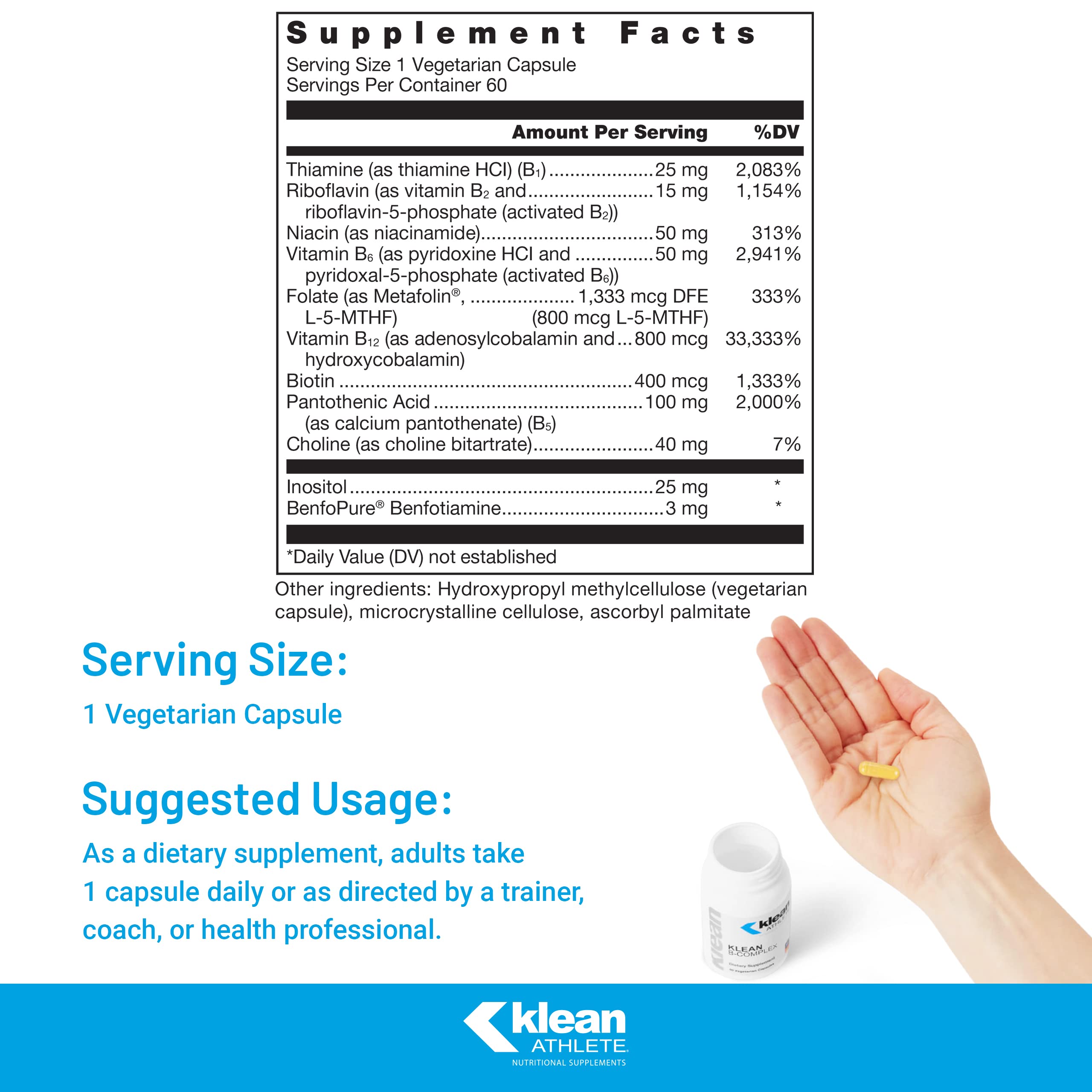Klean ATHLETE Klean B-Complex – Energy & Cardiovascular Support | NSF Certified for Sport | 60 Vegetarian Capsules