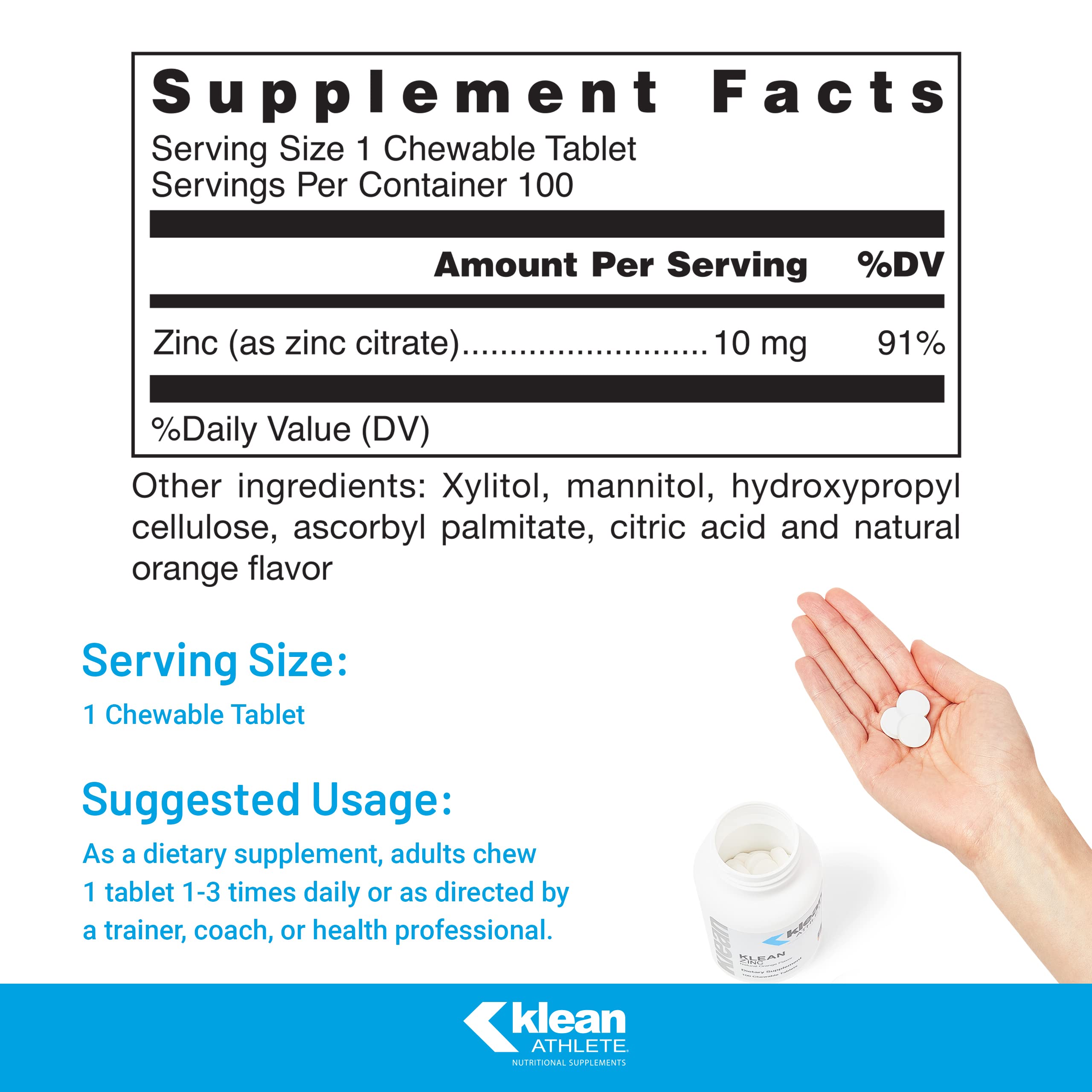 Klean ATHLETE Klean Zinc | Support for Immune System Function | NSF Certified for Sport | 100 Chewable Tablets | Natural Orange Flavor