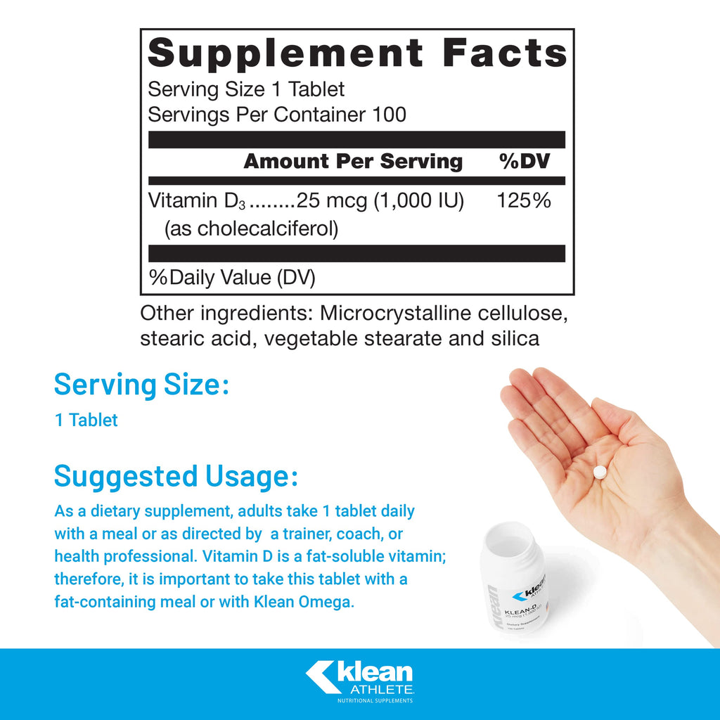 Klean-D 25 mcg (1,000 IU) Vitamin D3 — NSF Certified for Sport | Klean Athlete | 100 Tablets