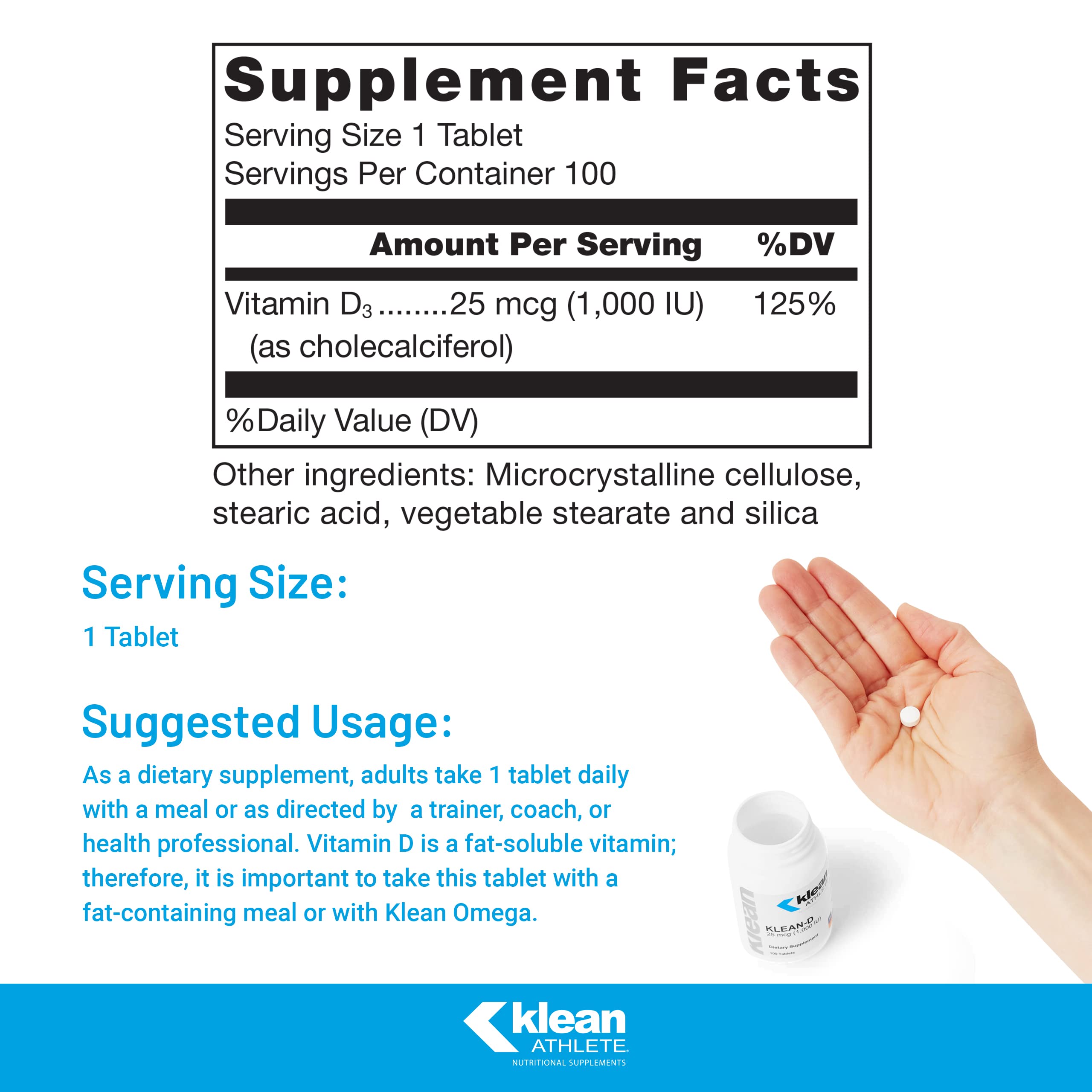 Klean-D 25 mcg (1,000 IU) Vitamin D3 — NSF Certified for Sport | Klean Athlete | 100 Tablets