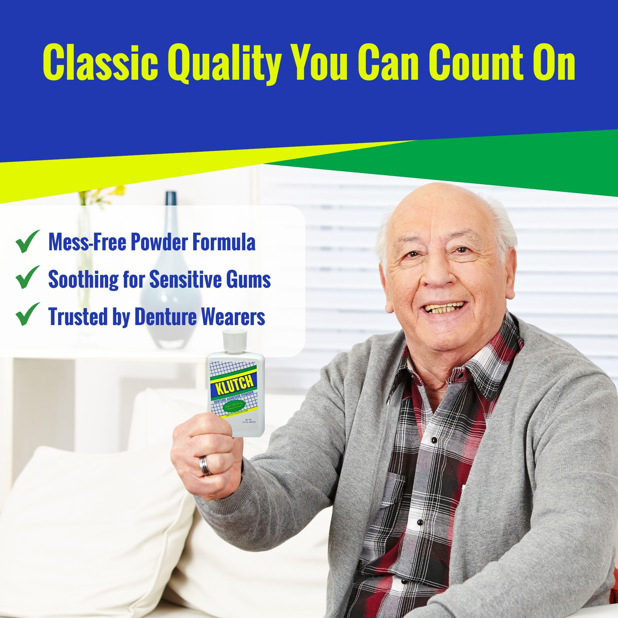 Klutch Denture Adhesive Powder 1.75 oz – Zinc-Free, Long-Lasting Hold