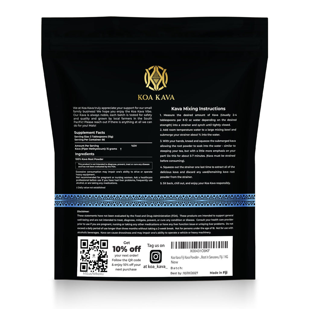 Koa Kava Fijian Kava - Premium Noble Fiji Waka Root, Balanced & Mellow (1 KG)