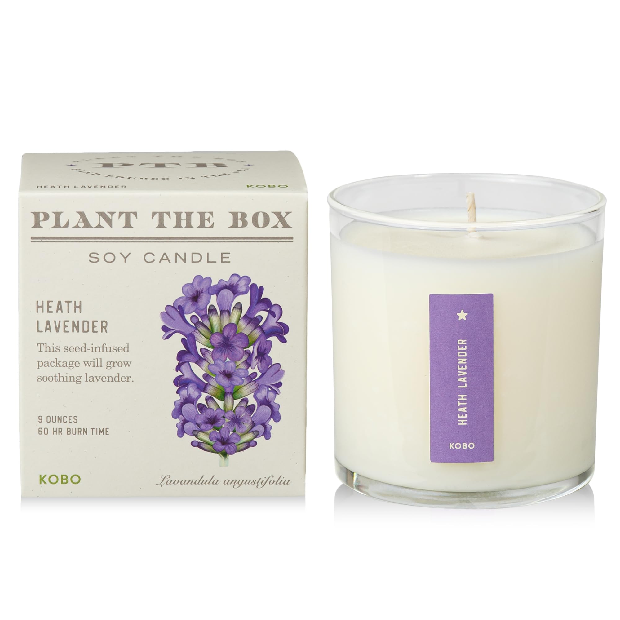 KOBO Heath Lavender Candle 9oz – Plantable Box, 60-Hour Burn, USA Hand-Poured
