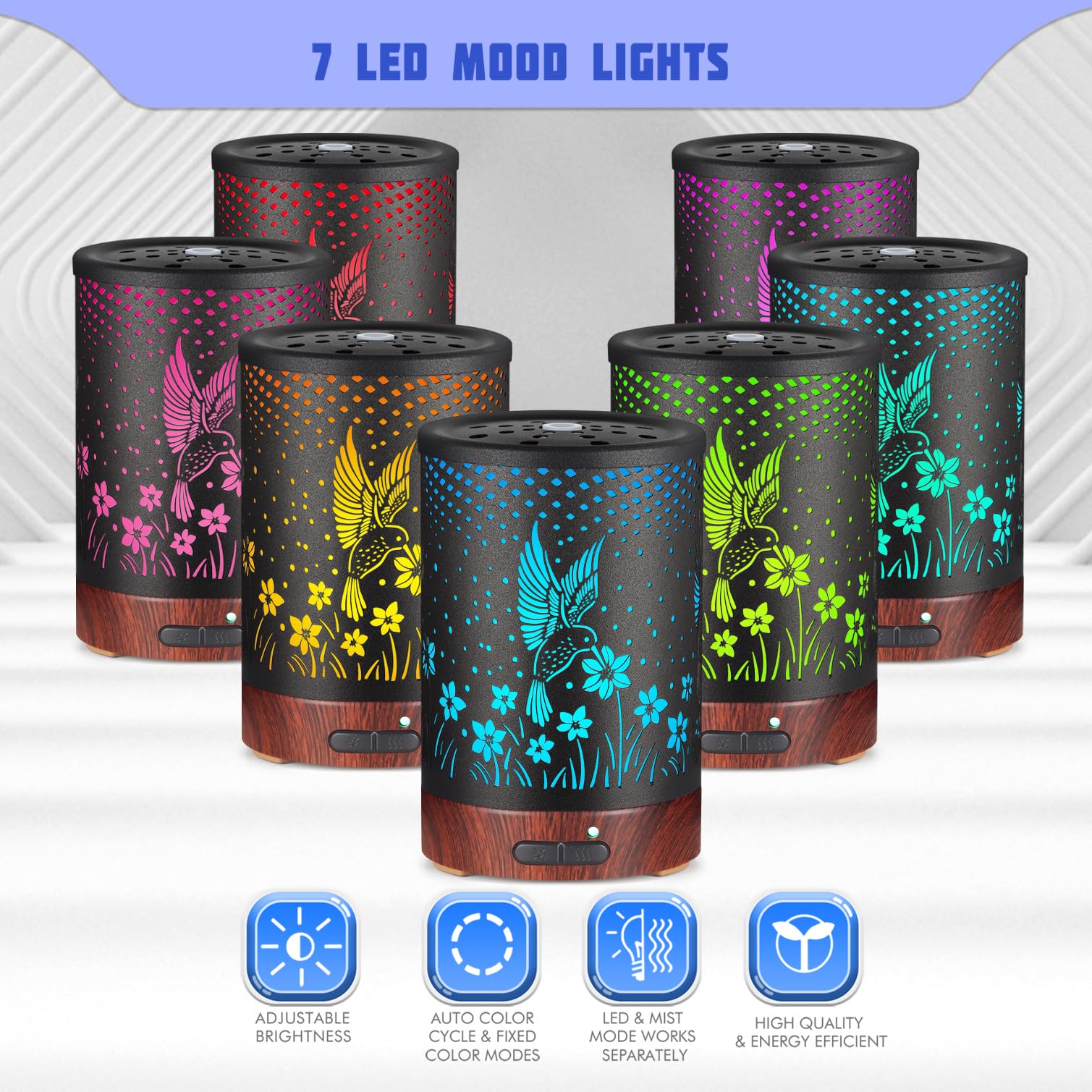 Essential Oils Diffuser – Aromatherapy Diffuser with 7-Color LED Lights, Auto-Off Metal Humidifier (C-Hummingbirds)