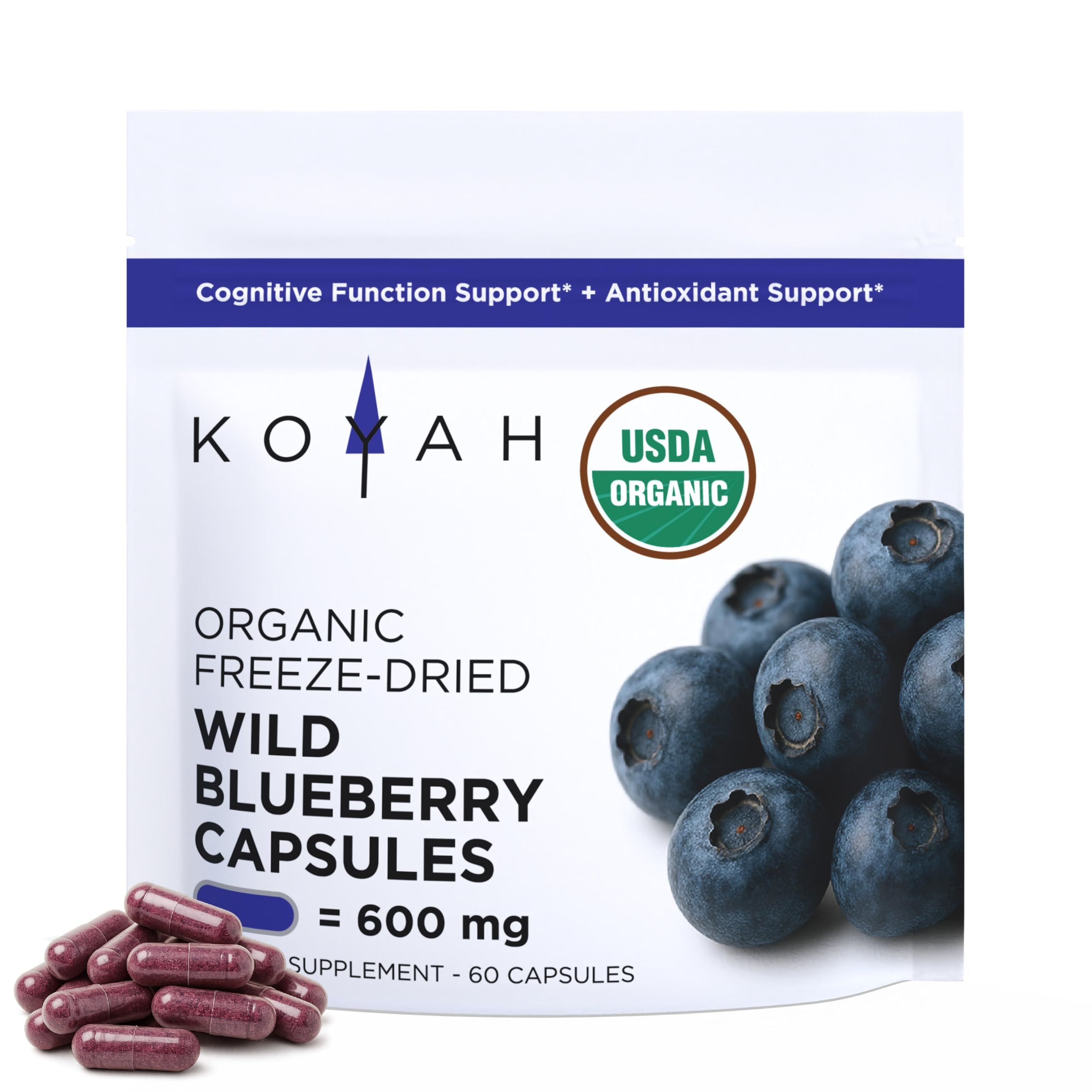 KOYAH Organic Wild Blueberry Capsules – Freeze-Dried Lowbush (Vaccinium angustifolium) – 60 Capsules | Cognitive Support