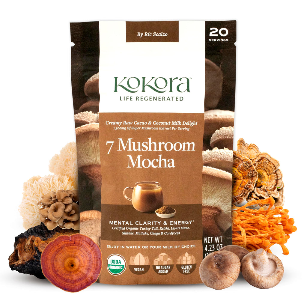 Kokora 7 Mushroom Mocha Organic Adaptogenic Powder: Lion's Mane & Turkey Tail
