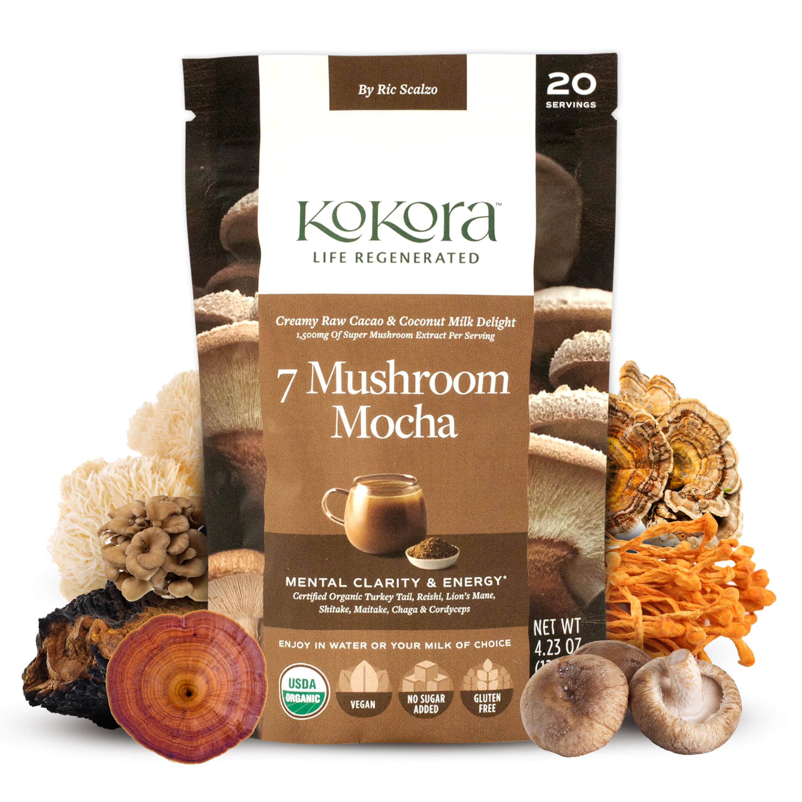 Kokora 7 Mushroom Mocha Organic Adaptogenic Powder: Lion's Mane & Turkey Tail