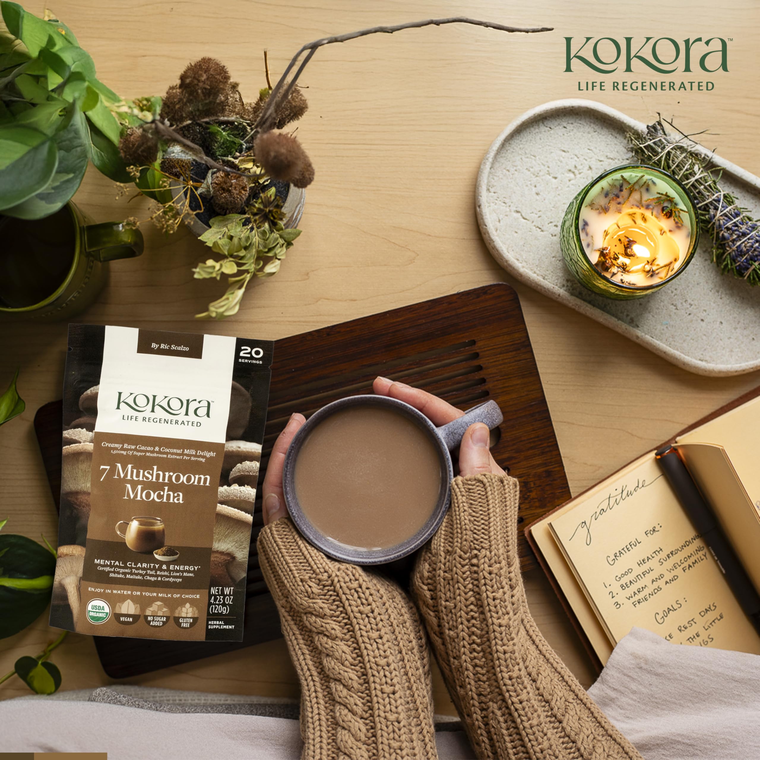 Kokora 7 Mushroom Mocha Organic Adaptogenic Powder: Lion's Mane & Turkey Tail