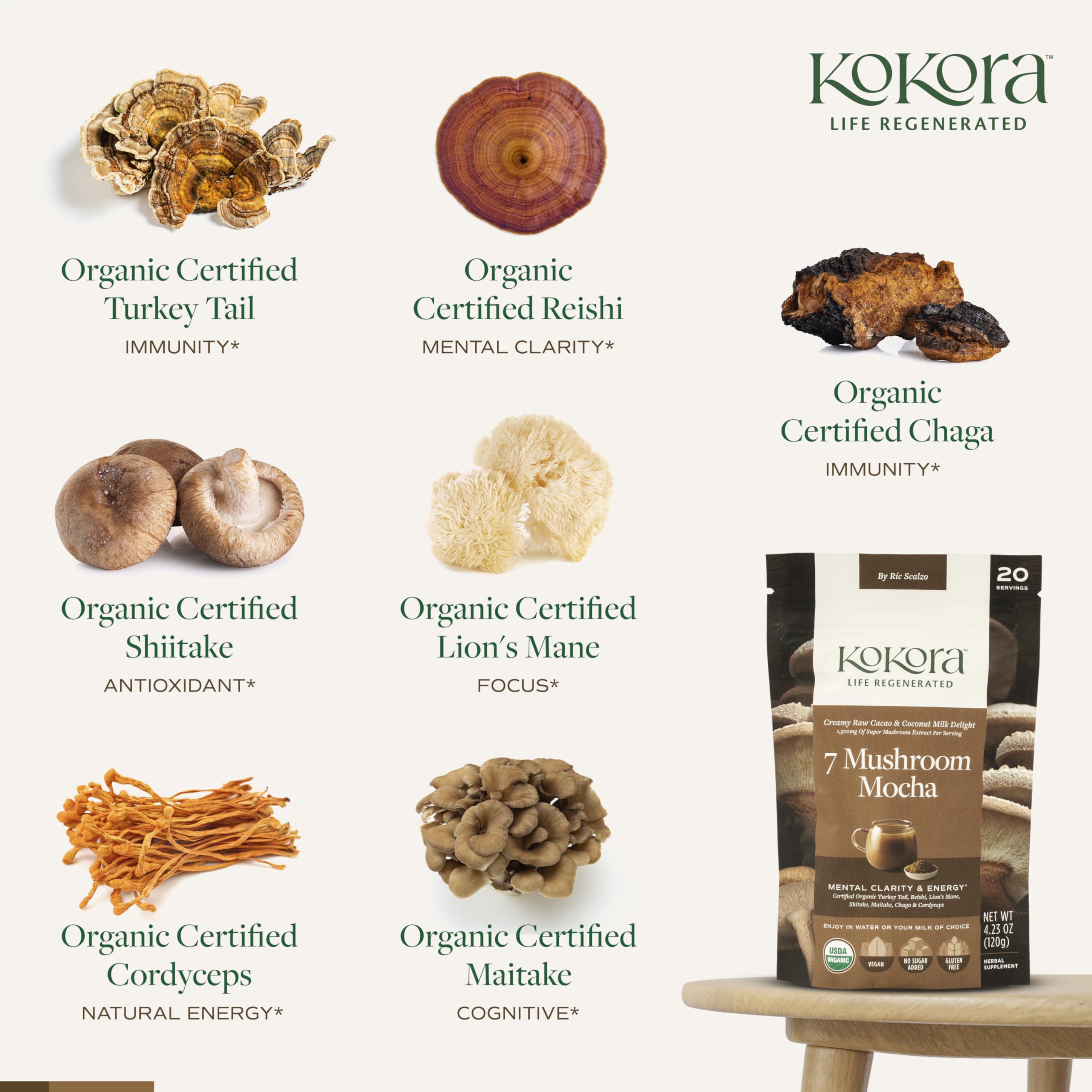 Kokora 7 Mushroom Mocha Organic Adaptogenic Powder: Lion's Mane & Turkey Tail
